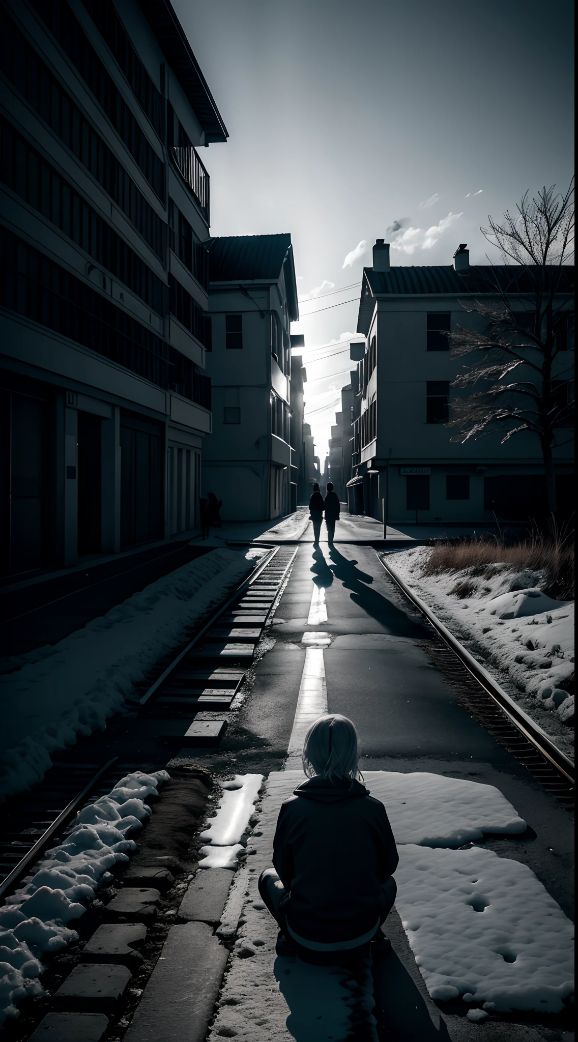 People sitting on the ground,The crowd is a stark contrast to the lonely people,In the distance are all virtual humans,Ultimate loneliness,solitary Man,Lost friends,lost hope,Only black and white street backs remain,photore,photorealestic,The picture is black, white and gray tones,Highlight the lonely back of losing a friend,ultra-wide-angle,Extreme light and shadow,Aurora chase,Extremely delicate portrayal of the psychology of the characters,Super chiaroscuro,The ultimate sense of loneliness,All illuminated,(Super realistic photos:1.3)