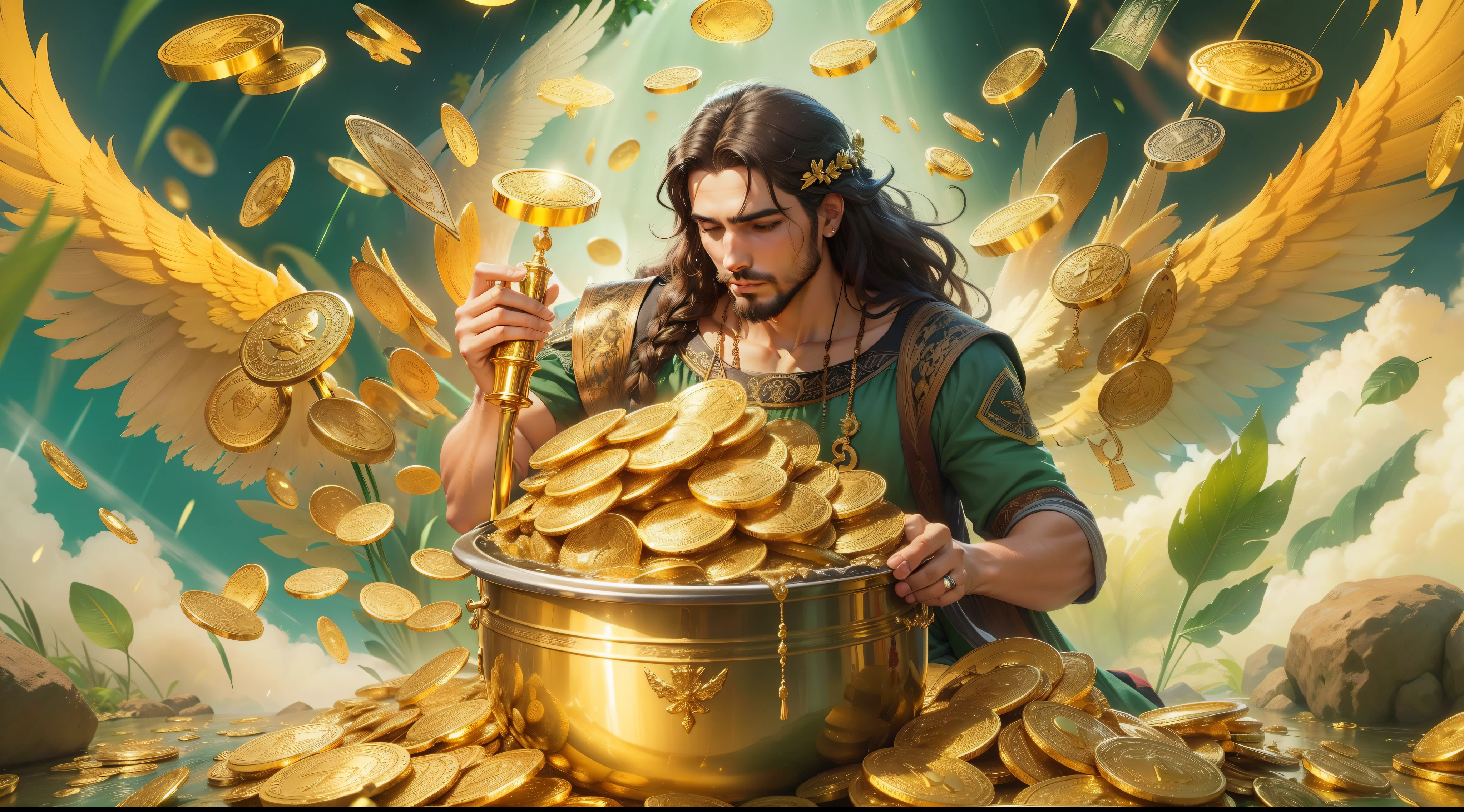 closeup do anjo abundia, religioso, Comportado, perfeito e realista, Biblical Green Clothes, long hair with braids, sitting with a pot of gold in his hands, com asas grandes de ouro e coloridas, um jardim de trevos de 4 folhas, dinheiro, gold dollar siphon symbol, Background of gold pieces, chuva de ouro, Green money falling from the sky, loteria, realista, perfeito, sorteio de loteria, Lottery Grand Prize, The angel of abundance is also named as Abundia, Habone, Abundantia e Fulla, anjo homem abundia com uma cesta de ouro, ABUNDIA O ANJO DA FORTUNA