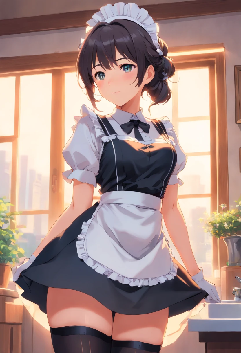 (from below:1.2),(from side:0.6),(Close-Up:0.4), (A masterpiece of image quality in 8K),(Beautiful Allafed Woman),(((emphasizing breasts:1.1))),(Dynamic angles),(Dynamic and sexy bending pose:1.3),(sit a chair:1.2),(Short hair in shiny silver and orange inner colors,small full breasts,Disturbance of clothing due to movement,breast slip,(Ponytail twisted buns adorned with elaborate braids and beads,Braided Setup Fishbone Hair:1.2),(see-through bangs),small breasts,(((A brown lace apron that shows your bare skin from under your small breasts.......)))、garters,Blush with embarrassment、Enraptured eyes、 little open mouth,A smile that beguiles the viewer、(Look back:1.2)、Look into the photographer,skin glistening with sweat,gazing at viewer,,(Professional Lighting),(masutepiece,top-quality,Ultra-high resolution output image,),(Ultra HD with complex detail image modes),depth of fields,Beautiful hands,Beautiful fingers,Detailed finger features,(Detailed hair features:1.7),detailed facial features,detailed clothes features,