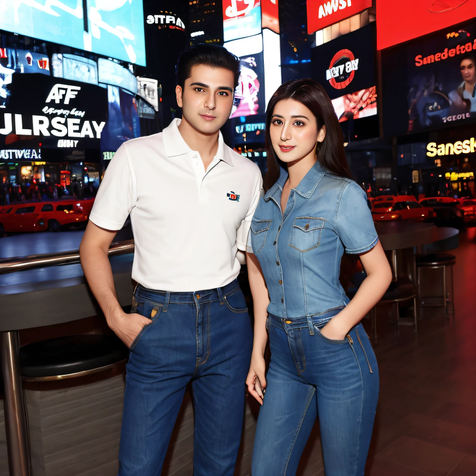 affe a young Turkish couple men woman wearing sandblast jeans with polo shirt e at five star hotel room in New times square , view GTA vice city vibes , mehwish hayat