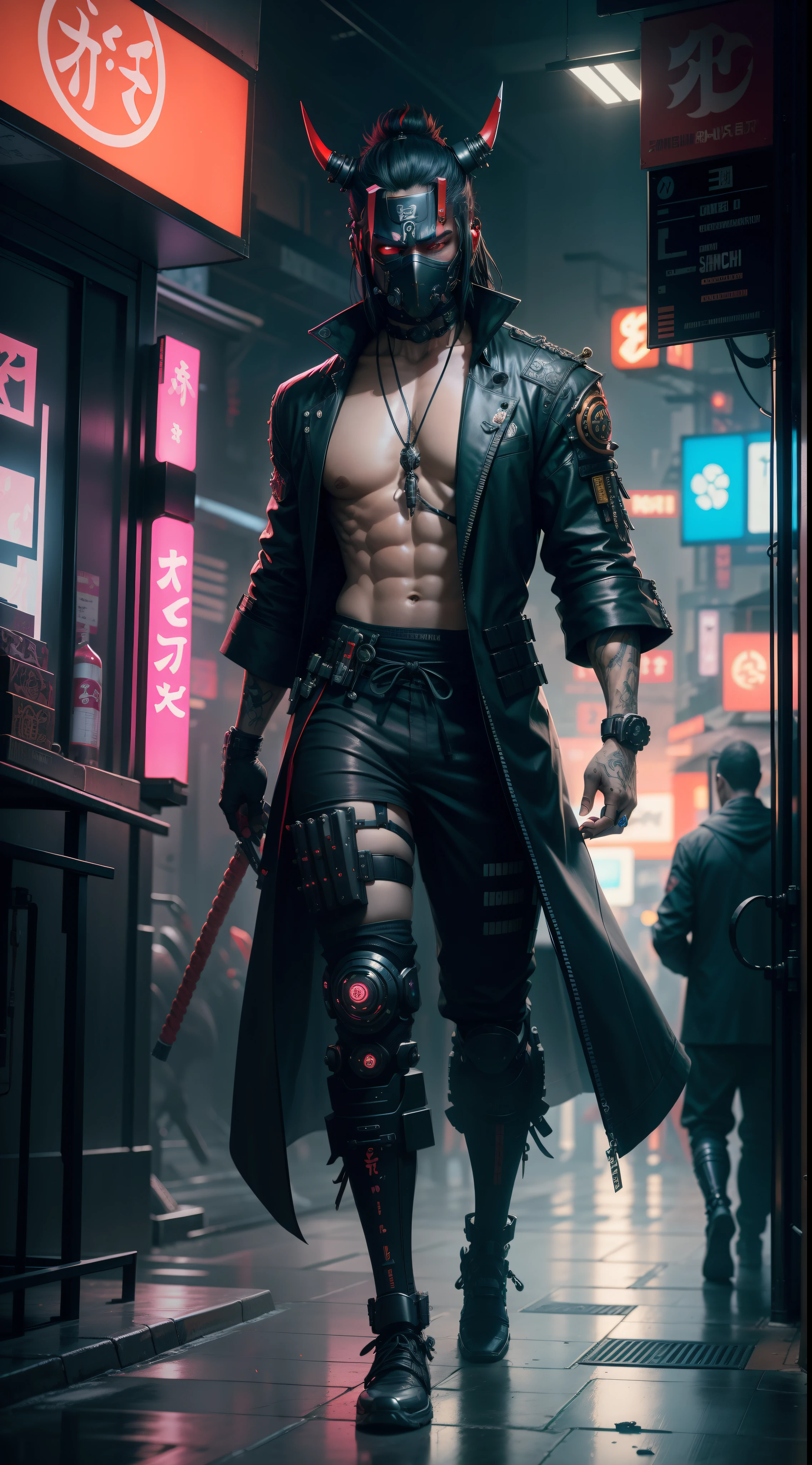 Cyberpunk, samurai , nightcity, oni mask, cybernetics, mechanical arms and legs