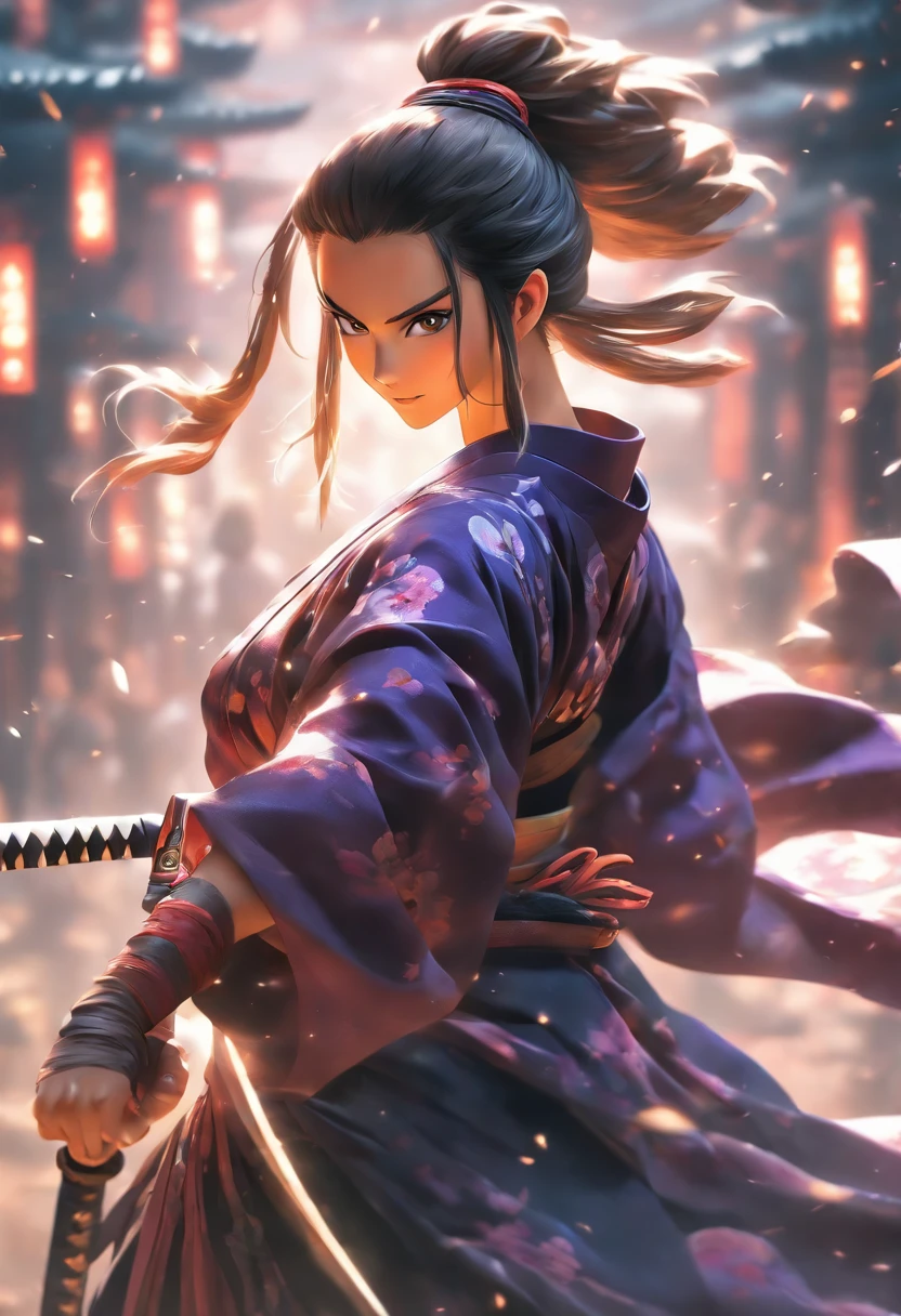 Fullbody shot, from ground level, high velocity, Ultra Realistic Photo, strong female model wearing a samurai robe, white eyes, lighting hands, rendering by octane, elegantly, smiling, holding a giant sword, black , dark purple, black colors. Ponytail hair.