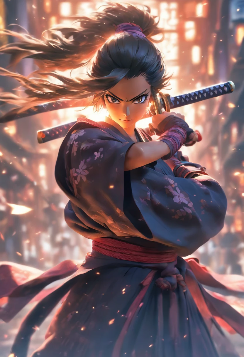 Fullbody shot, from ground level, high velocity, Ultra Realistic Photo, strong female model wearing a samurai robe, white eyes, lighting hands, rendering by octane, elegantly, smiling, holding a giant sword, black , dark purple, black colors. Ponytail hair.