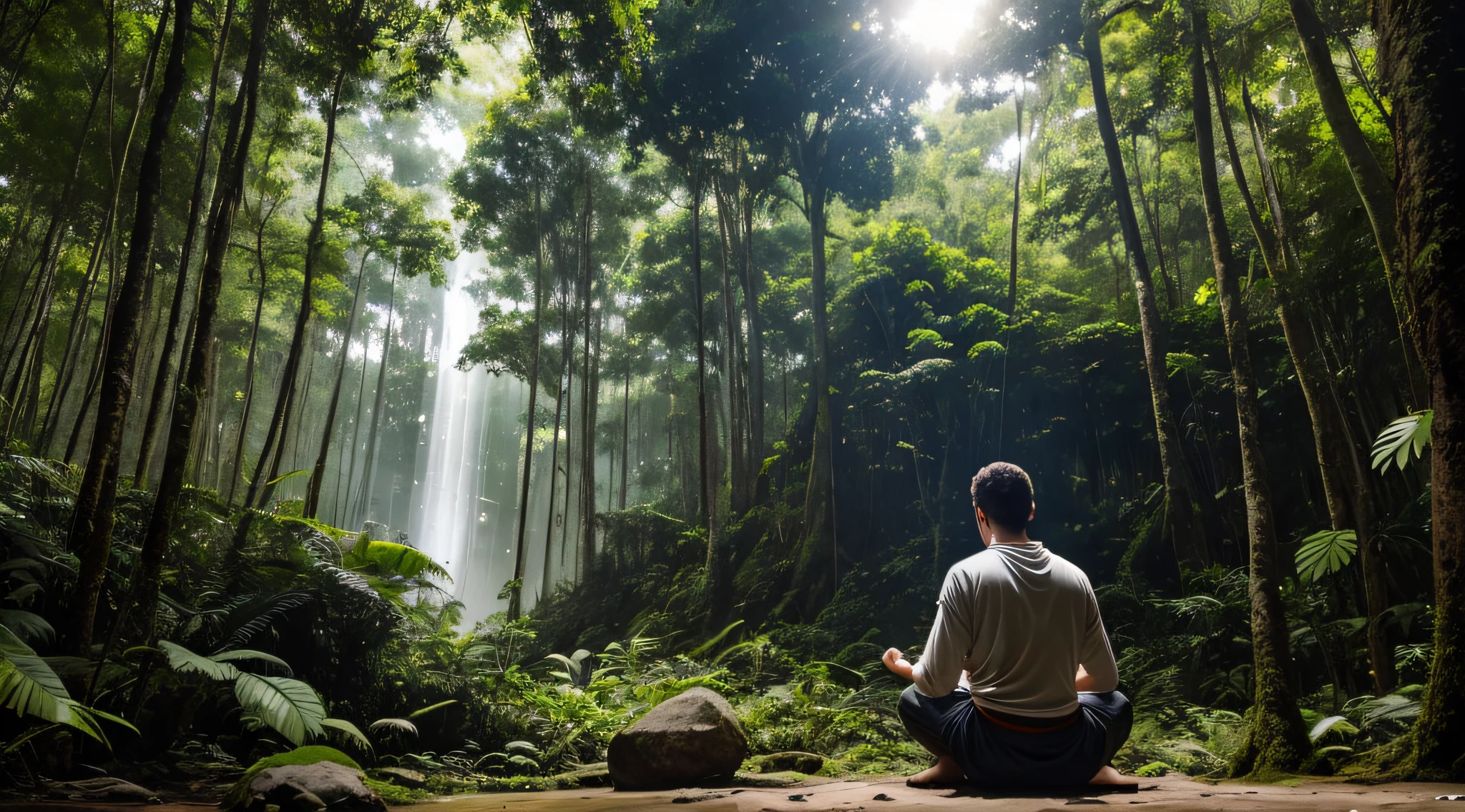 um homem meditando, he's a powerful Star Wars Jedi, is meditating in the middle of a forest in the Amazon, pouco antes de partir para batalha em uma galaxia muito distante, a sombra de um imperial destroyer que esta a cima da floresta, detalhado, perfeita e convidativa imagem