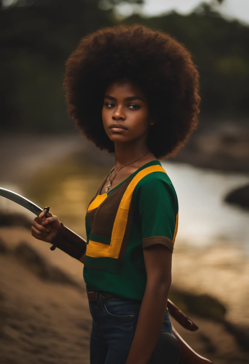 , agente FBI, pele negra, cabelos afro, katana na cintura