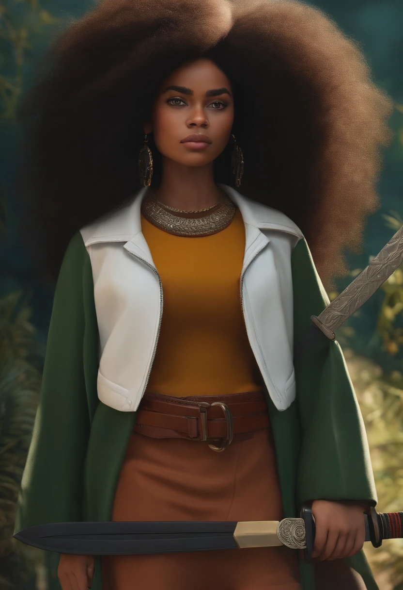 , agente FBI, pele negra, cabelos afro, katana na cintura