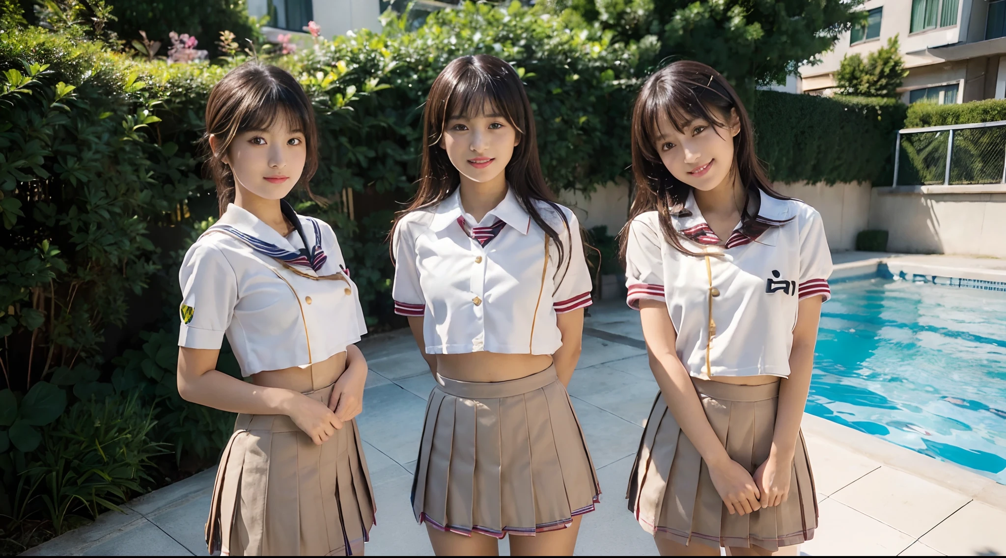 The highest image quality、masterpiece、hight resolution、(fidelity:1.4)、a picture、Raw photo, ((photographrealistic)), high quality photograph, Dynamic Angle, Four cute junior high school girls in Japan, 4 cute girls, Cute Japan Girl, Innocent Girl, Girls like gals, Four girls are cute idols, Skinny Idol, erotick, (Sensual girl), ((((School uniform:1.1), (serafuku:1.3)))), (((School uniform and serafku for summer use))), (((((Their school uniforms and Serafku have the same design))))), (Cute face like a junior high school student), ((Short hair)), Semi-short hair, pony-tail hair, Twin-tailed hair, Braid hair, Semi-long hair, mideum breasts, Medium waist, medium hips, ((After a very dark tan)), ((dark brown skin)), stand up, a smile, plein air, Looking at Viewer, Brown eyes, ((Brown and black hair)), Brown and gold hair, (((Same height))), swimming pools, (((Standing Pose))),