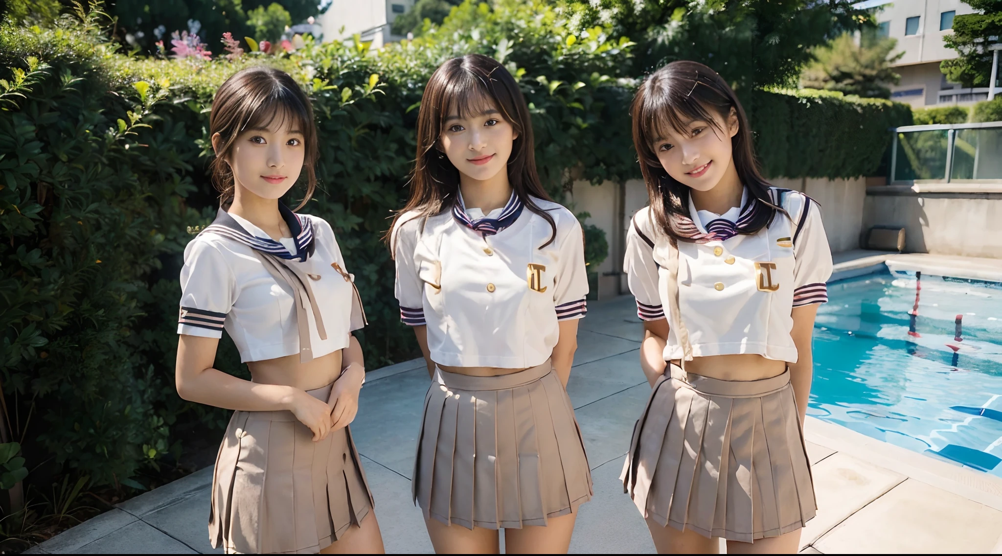 The highest image quality、​masterpiece、hight resolution、(fidelity:1.4)、a picture、Raw photo, ((photographrealistic)), high quality photograph, Dynamic Angle, Four cute junior high school girls in Japan, 4 cute girls, Cute Japan Girl, Innocent Girl, Girls like gals, Four girls are cute idols, Skinny Idol, erotick, (Sensual girl), ((((School uniform:1.1), (serafuku:1.3)))), (((School uniform and serafku for summer use))), (((((Their school uniforms and Serafku have the same design))))), (Cute face like a junior high school student), ((Short hair)), Semi-short hair, pony-tail hair, Twin-tailed hair, Braid hair, Semi-long hair, mideum breasts, Medium waist, medium hips, ((After a very dark tan)), ((dark brown skin)), stand up, a smile, plein air, Looking at Viewer, Brown eyes, ((Brown and black hair)), Brown and gold hair, (((Same height))), swimming pools, (((Standing Pose))),