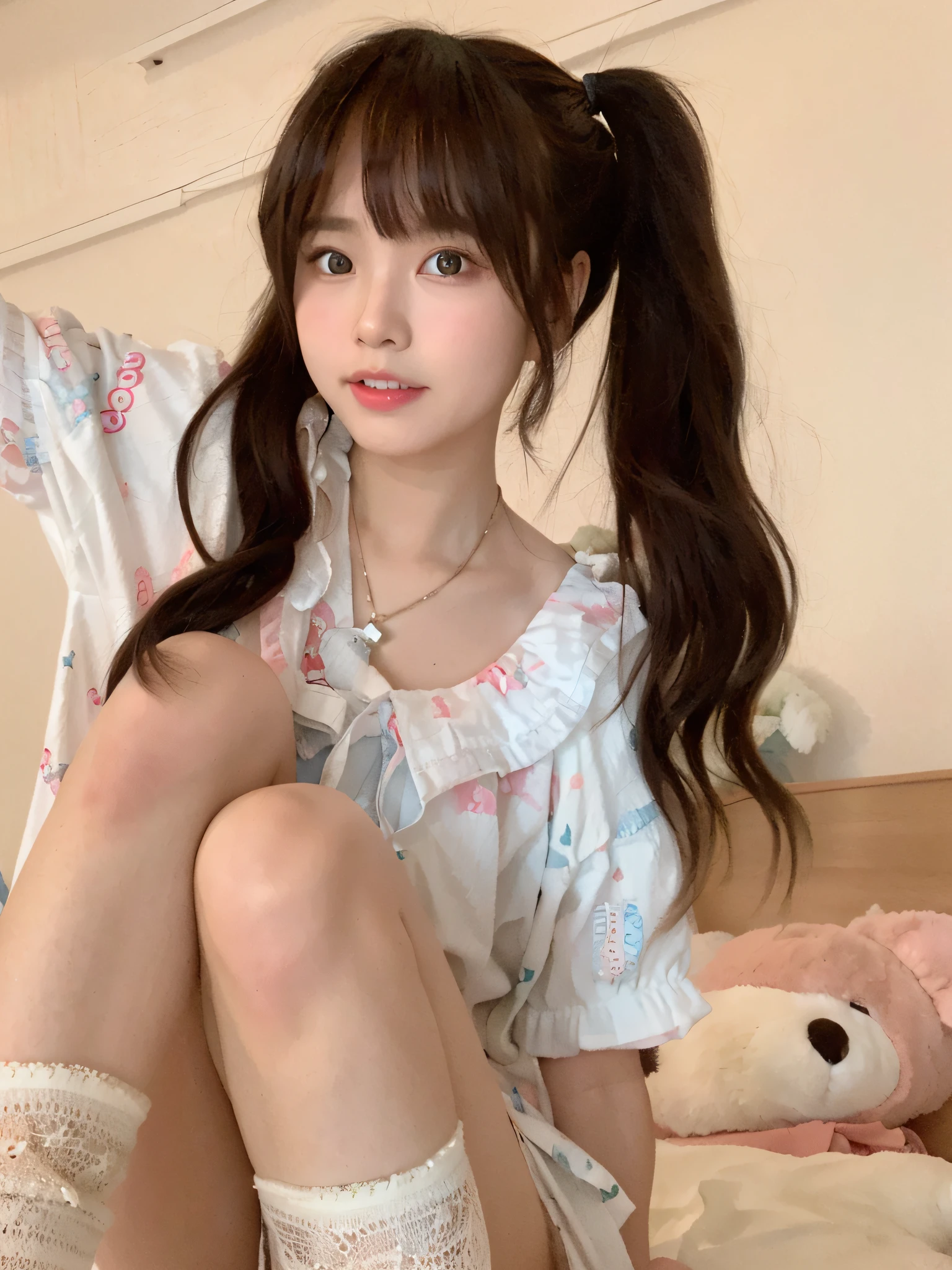 hiquality,8K,realisticlying,1girl in,Japan gravure idol,Esmanium,6headed body,(((Brown shorthair,Bun hair))),(Wearing a pink dress,Princess-like dress with lots of frills),(Children's room with a lot of stuffed animals,Sleeping in bed),Downward image