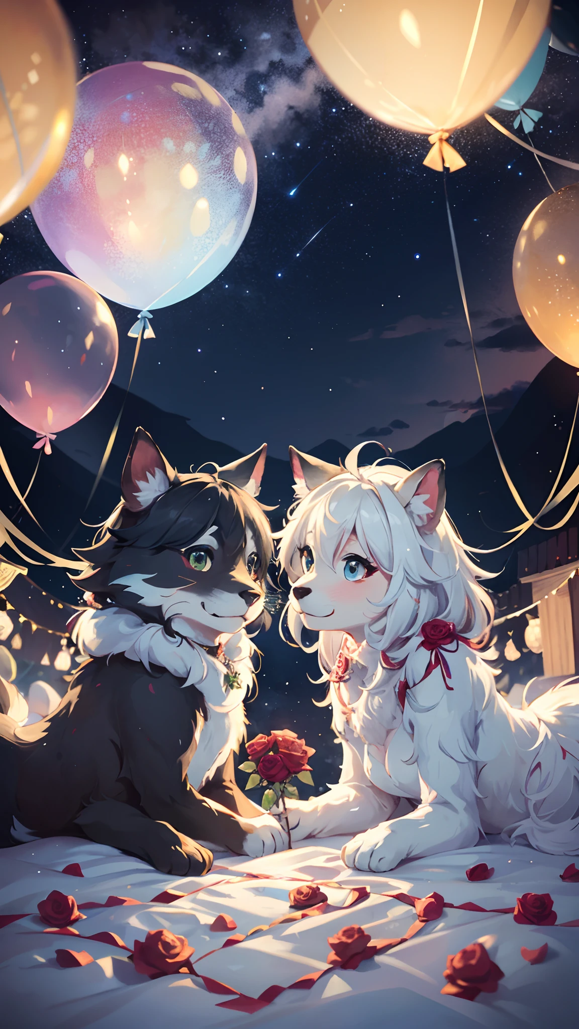 Two beautiful brides, kemono, furry, very detailed body fur, Cute white caravan with white and red roses, diamonds, lots of fairy lights, bunting, balloons, pretty, beautiful, vivid colors, Intricate, Highly detailed, Warm lighting, Sharp focus, beautiful starry sky, perfect composition, extreme camera angle,
