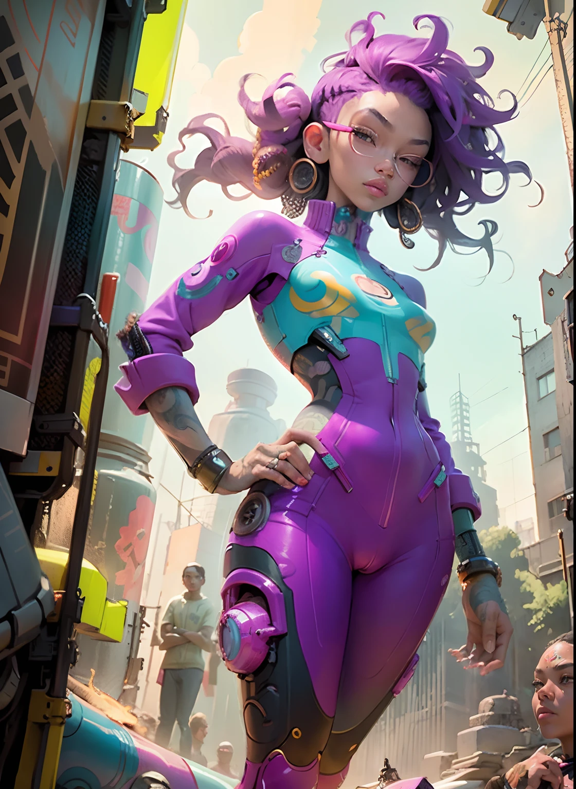 "1 cyborg girl with tattoos, dread hair in spring, puffer suit, vibrant and luminous colors, sharp and cinematic style, depth of field, capturing the essence of 35mm film, and a touch of luminous painting, standing full body details, Sexy poses."