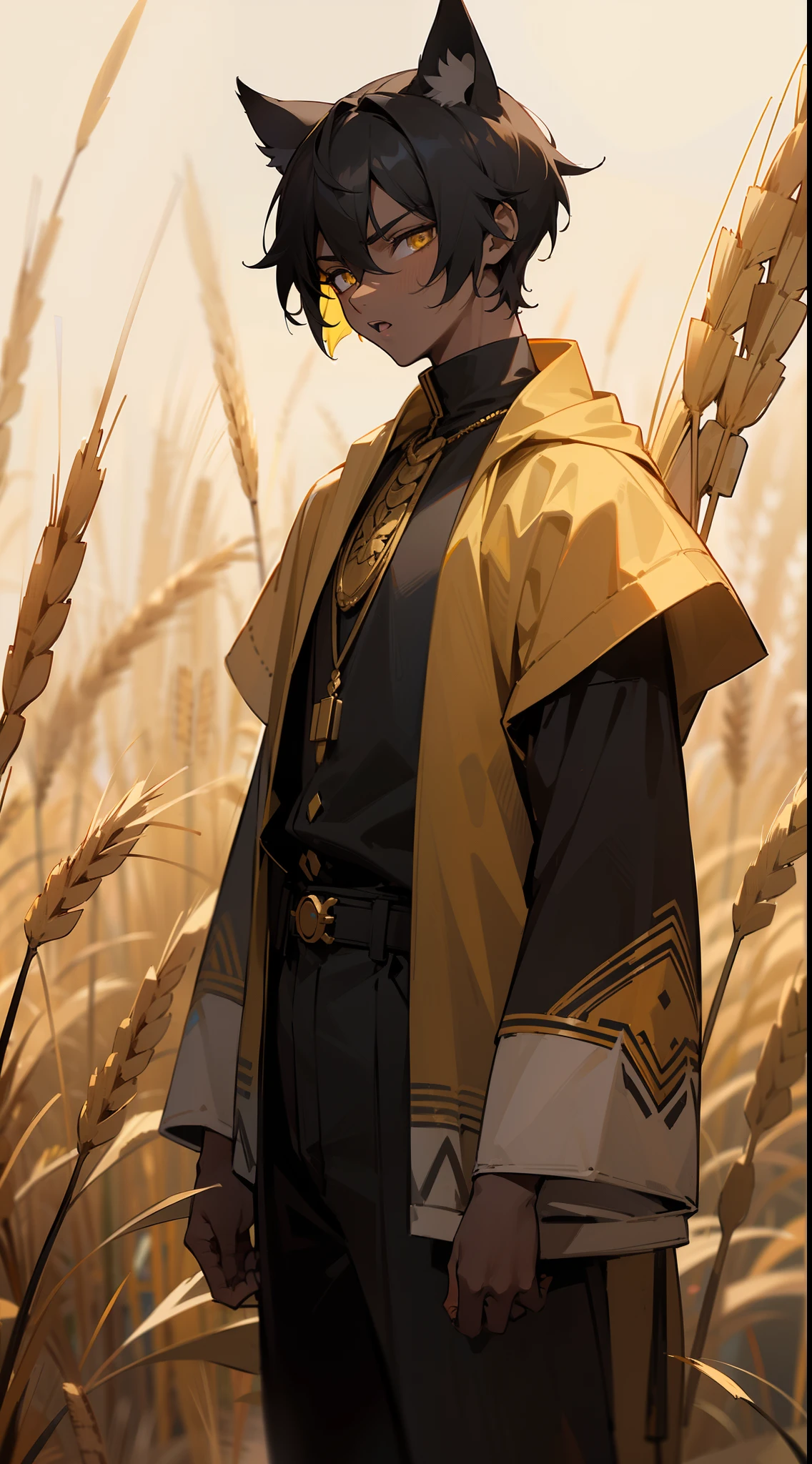 (Original Character,8k, Masterpiece, Best Quality,Detailed, Beautiful Detailed Eyes, solo),1boy ,20s,serious face,tall,mature male,open mouth,egypt black and yellow outfit,black hair,short hair,yellow eyes,Cat ears,((standing in a a rural street with wheat fields)),(colored skin,Extremy black skin,vanta black skin color),cowboy shot