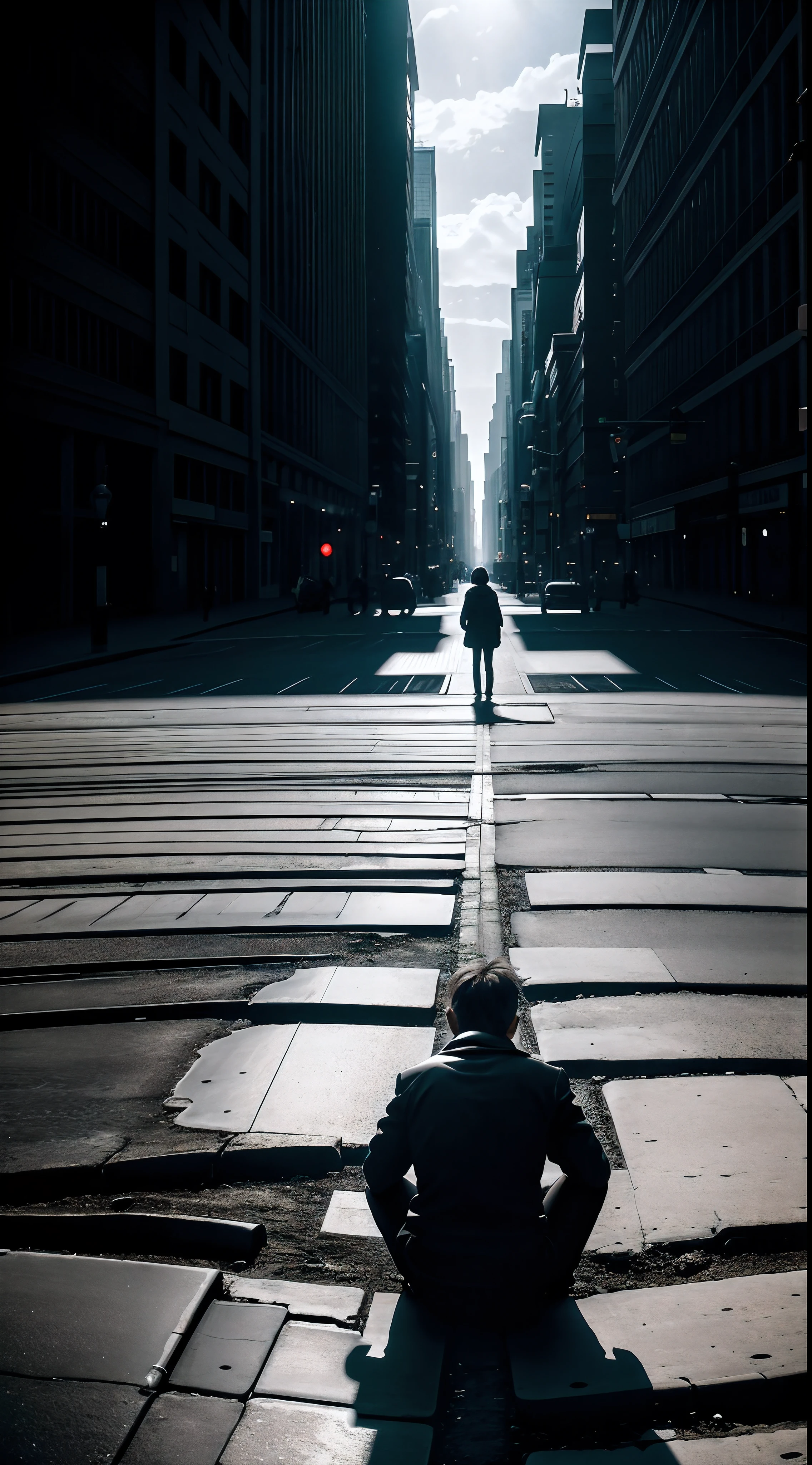 People sitting on the ground,The crowd is a stark contrast to the lonely people,In the distance are all virtual humans,Ultimate loneliness,solitary Man,Lost friends,lost hope,Only black and white street backs remain,photore,photorealestic,The picture is black, white and gray tones,Highlight the lonely back of losing a friend,ultra-wide-angle,Extreme light and shadow,Aurora chase,Extremely delicate portrayal of the psychology of the characters,Super chiaroscuro,The ultimate sense of loneliness,All illuminated,(Super realistic photos:1.3)