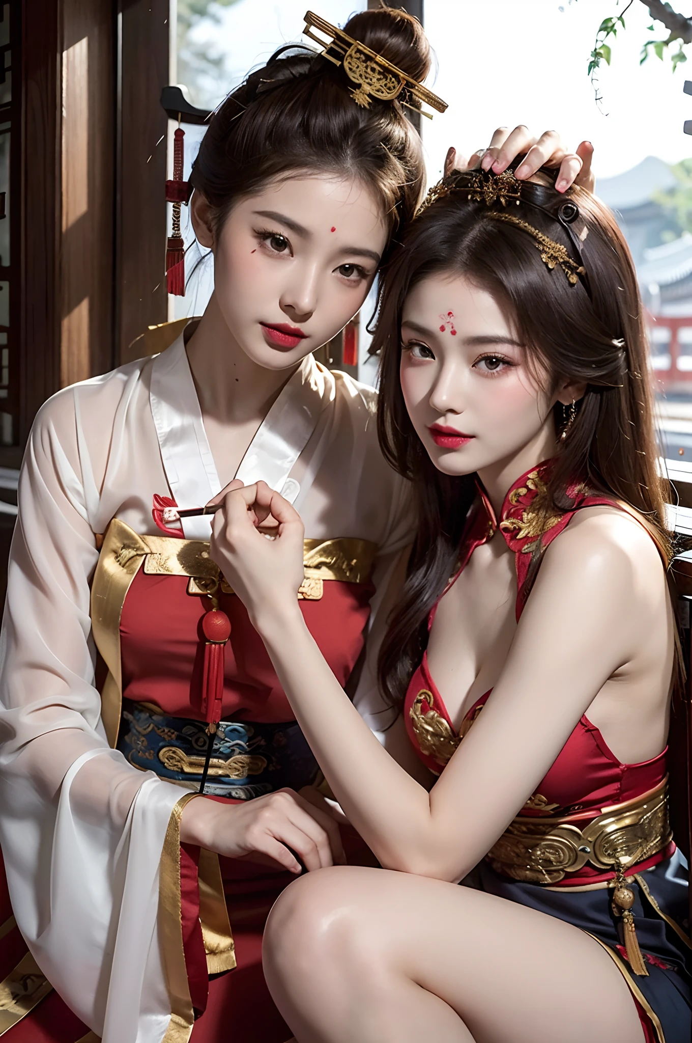 a couple of lesbians sitting together,leering:1.4,Taoist,single hair bun,(An ancient Chinese hairstick on her head:1.5),Use mahogany hairpins,(Revealing a translucent cheongsam),(Urzang-6500-V1.3,PureFace_V1,Octane rendering),Elegant Pose,xxmix girl woman,Perfect composition golden ratio,The proportions are the same for all races, All faces and pictures must be different, use all spectre of your different emotions from happiness to anger, Masterpiece, Best quality, 4K, Sharp focus. better hands, Perfect anatomy.