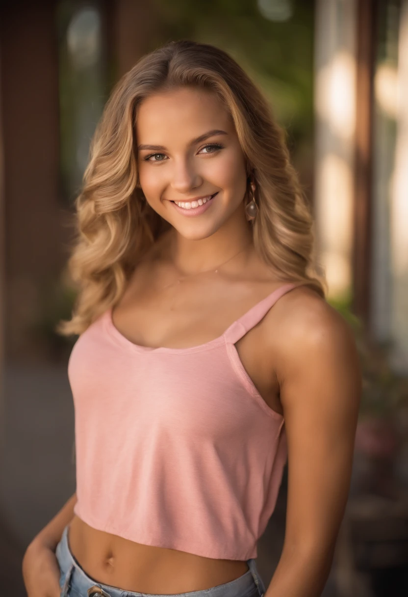 girl, dark blonde hair, medium length hair, wavy hair, pink crop top, tight crop top, medium breasts, tan skin, earrings, jean shorts, looking at viewer, blushing, playing with her hair, smiling, soft lighting, high quality, beautiful