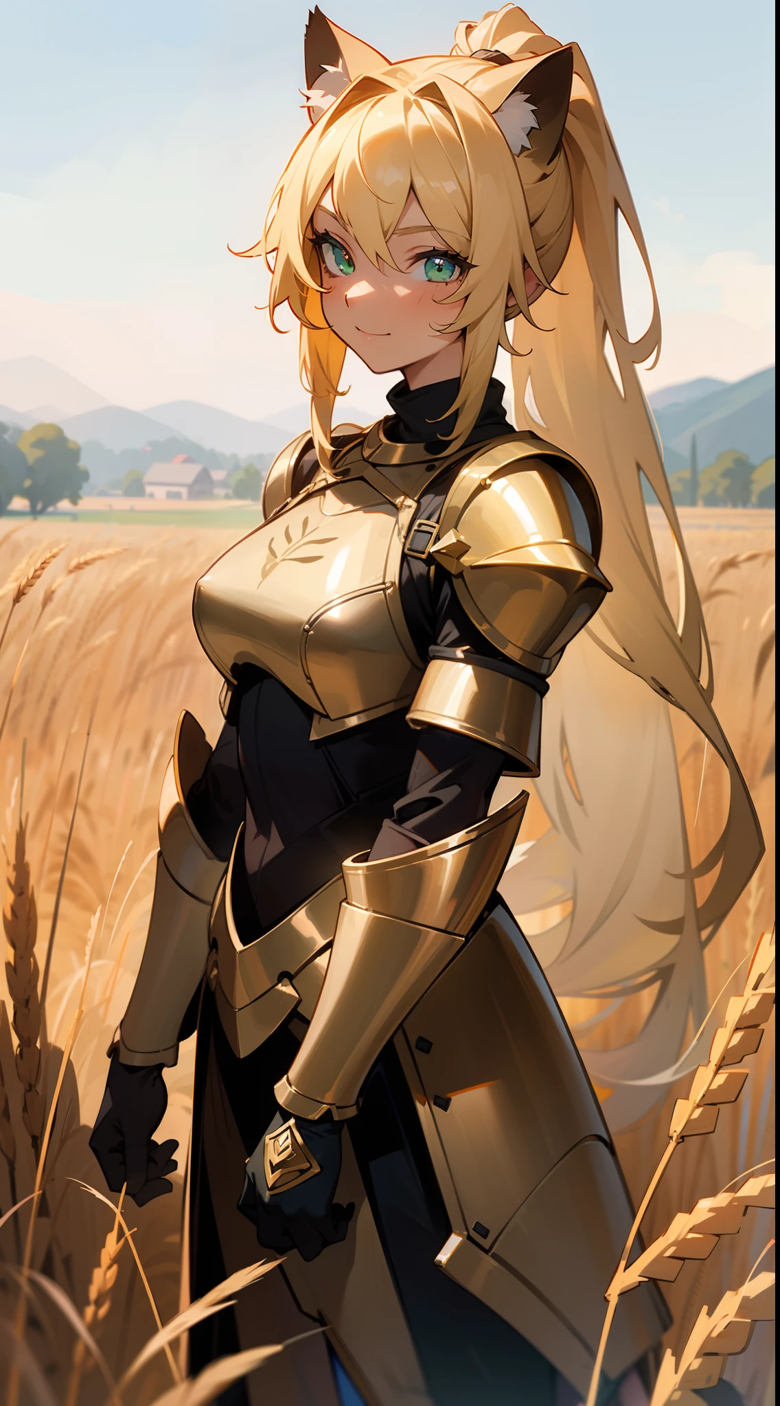 (Original Character,8k, Masterpiece, Best Quality,Detailed, Beautiful Detailed Eyes, solo),1girl ,20s,mature female,happy face,black ande golden knight armor,medium tits,blonde hair,long hair,ponytail hair,green eyes,(blonde Cat ears),((standing in a a rural street with wheat fields)),(colored skin,Extremy black skin),cowboy shot,