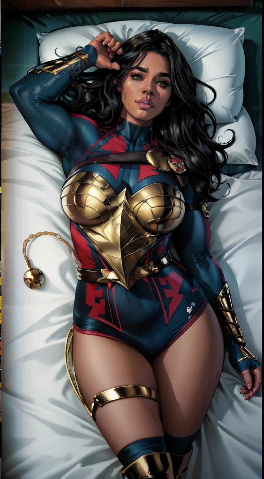 ( Masterpiece, 4k resolution, ultra-realistic, very detailed) beautiful sexy Yara flor (DC comics) portrait photography by artgerm, in the style of realism, glistening skin, , natural lighting, Defined full lips. Muscular fitness feminine body full body (Dakimakura) (on bed)