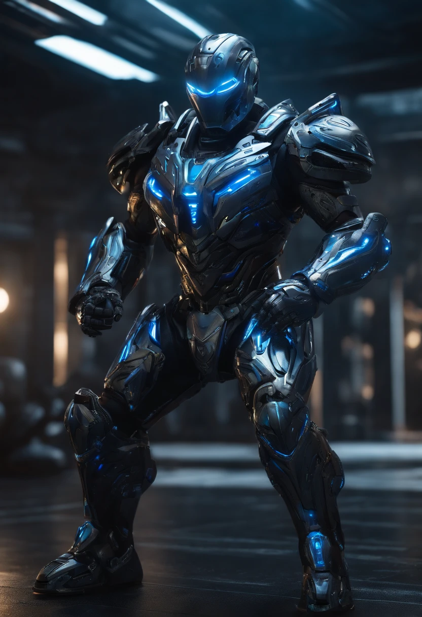 Futuristic warrior, black, sculptural body, building muscles, 8k, hyper detailed, hyper realistic, robotic armor, chrome, blue details, perfect smile, masterpiece,