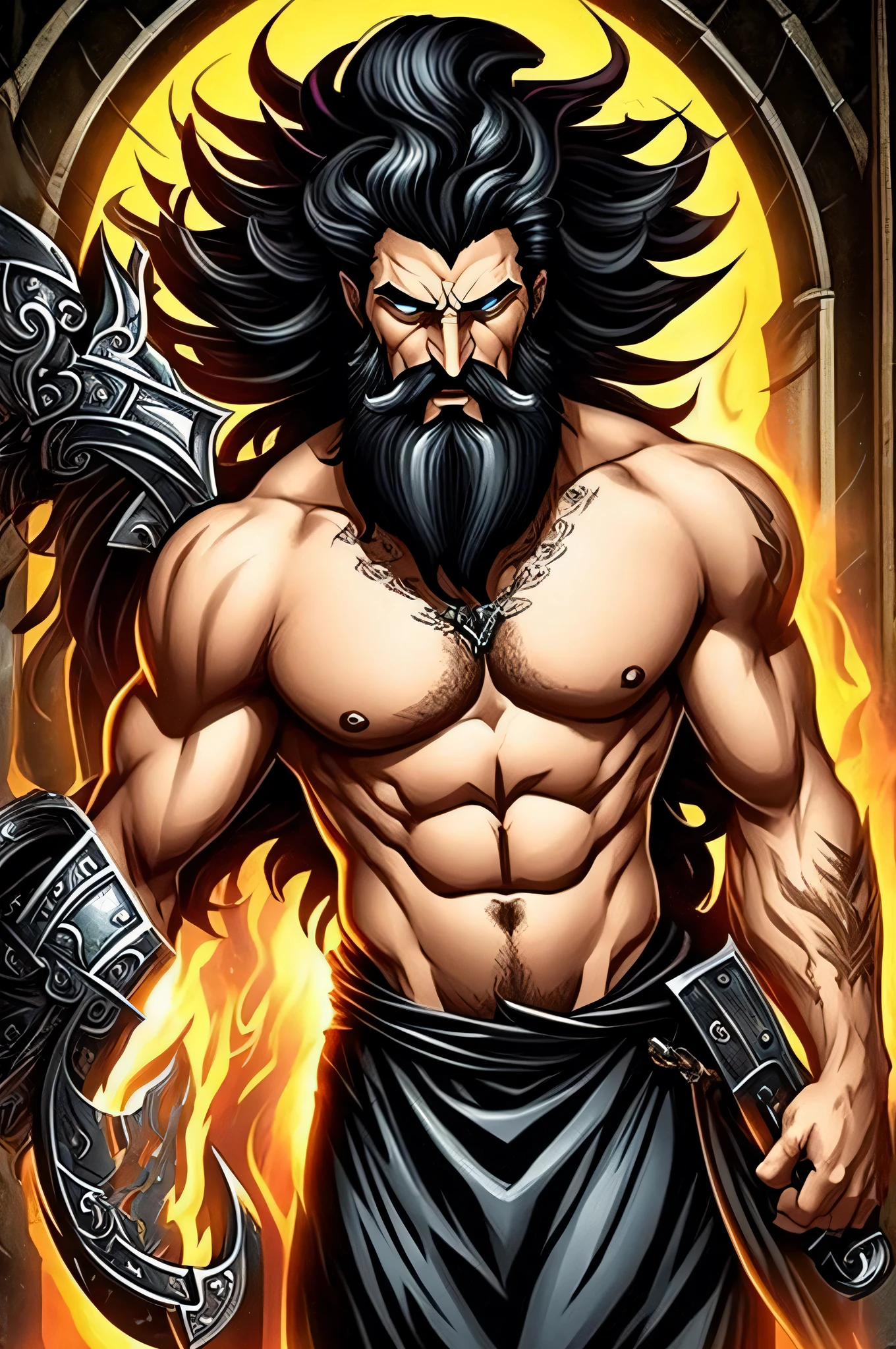 Deus Hades Grego com cabelos longos e barba