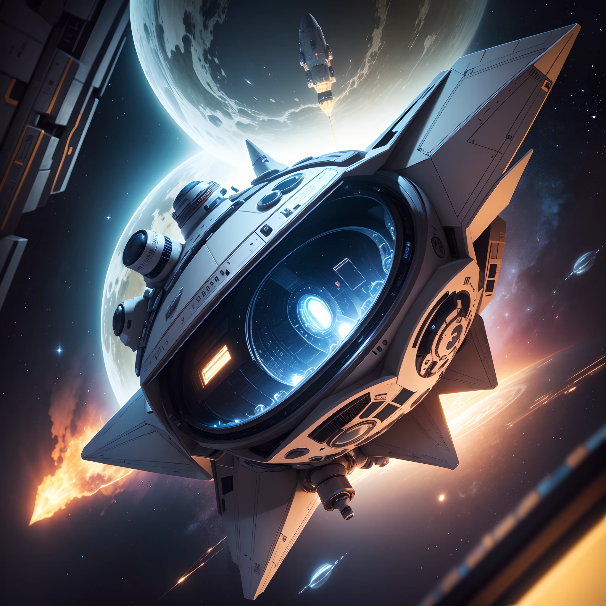 Spaceship in a space, 8k, micro detail, illustration,