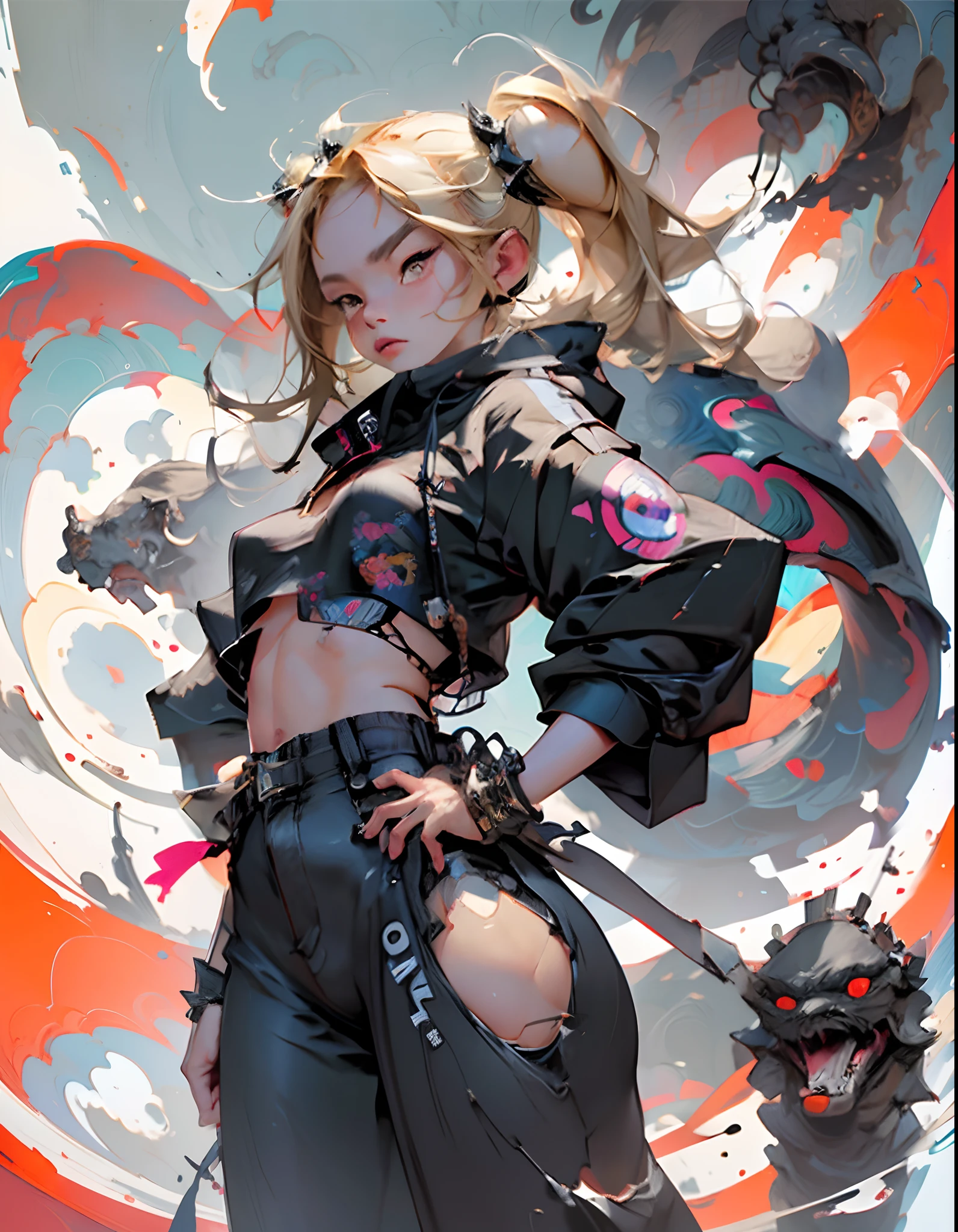 (absurdres, highres, ultra detailed), (1girl:1.3), twintails, blonde hair, BREAK , digital sculpture, 3D modeling, computer-generated forms, virtual art, cutting-edge technology, innovative design, futuristic creations BREAK , psychedelic art, vibrant colors, swirling patterns, optical illusions, hallucinatory visuals, mind-expanding imagery, counterculture influence BREAK , urban style, street-inspired clothing, oversized jackets, graphic prints, statement sneakers, bold accessories, modern cuts, (cowboy shot:1.3)