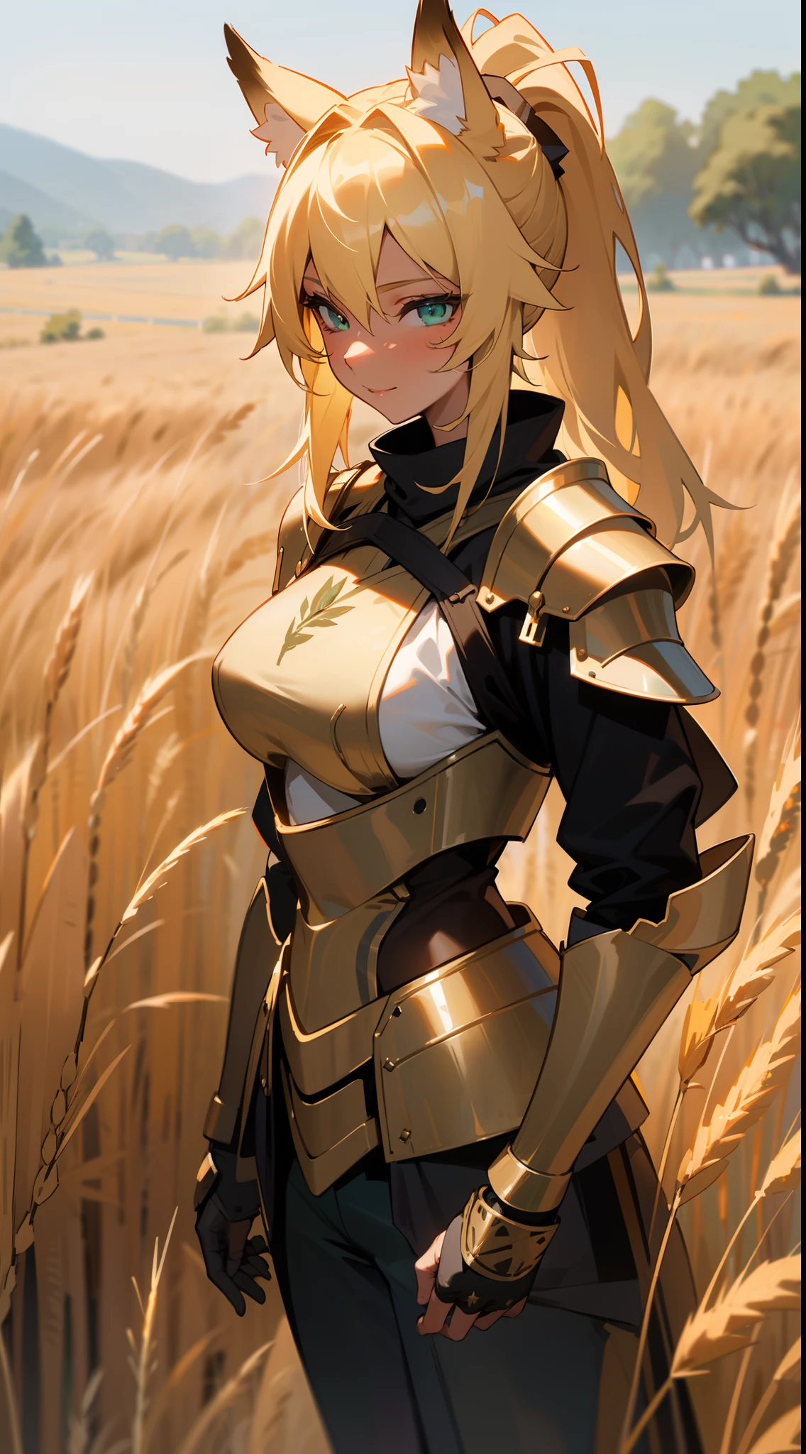 A beautiful woman, (((1 girl, solo, running, (wheat field), turning around, golden eyes, long withe dress, middle ages, medieval outfit, long sleeves sunset, light from behind, shadow on the figure, smile, laughter, (blue sky), against the background of wheat, standing in the distance, looking at the viewer, full-length
, elegance under the sun, hair ornament, movement motion, image look alive))), ((perfect body figure, beautiful face, beautiful face, milf, age 46, royal, blazing blond color hair, ponytail hair style, beautiful skin, Extremely details hair, fine details)), (((cinematic lighting, beautiful lighting effect, creative design, full body frame, divine aura, hard harmony , shining light, perfect color transition, perfect balance of contrast, perfect color layer, perfectly smooth color blur, soft rendering, smooth color stroke, moon glare, optic lens, moonlight ray, soft colors, smooth colors blend, perfect color rendering, harmony, perfect color harmony, beautiful color, soft harmony, light particles, perfect details, intricate details, color prism, fine details, refine details, intricate armor details, fine armor, smooth clothes texture))), Tachibana Omina art style, affectionate eyes, half a smile, slightly open mouth, a gentle expression on his face, serene scenery of grassland under the sun, grass floating around, calm, breeze and sunlight in the background, butterflies in the sky, realism, ((Best quality))),8k,((Masterpiece)),(Extremely refined and beautiful)