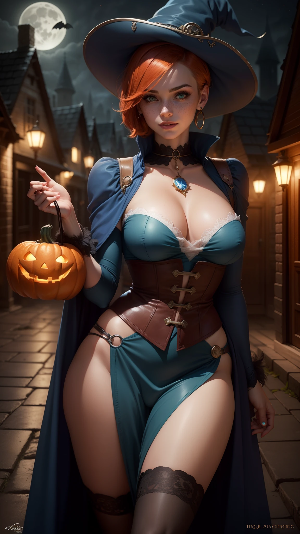 gwen tennyson,tracer,bulma,rebecca chambers,close up,castlevania,magic spells,casting a magic spell,magic star, solo girl,jade jumpsuit,moonlight,blue victorian steampunk skirt,pirate corset,jade neck jewelry,blue witch hat,short hair,cresent moon earrings,night gown,pumpkin village,witch castle,gothic makeup,ghosts,halloween pumpkin,green eyes,orange hair,shy smile,freckles,redhead,beautiful girl,large breasts,ultra detailed,realistic,fantasy art,