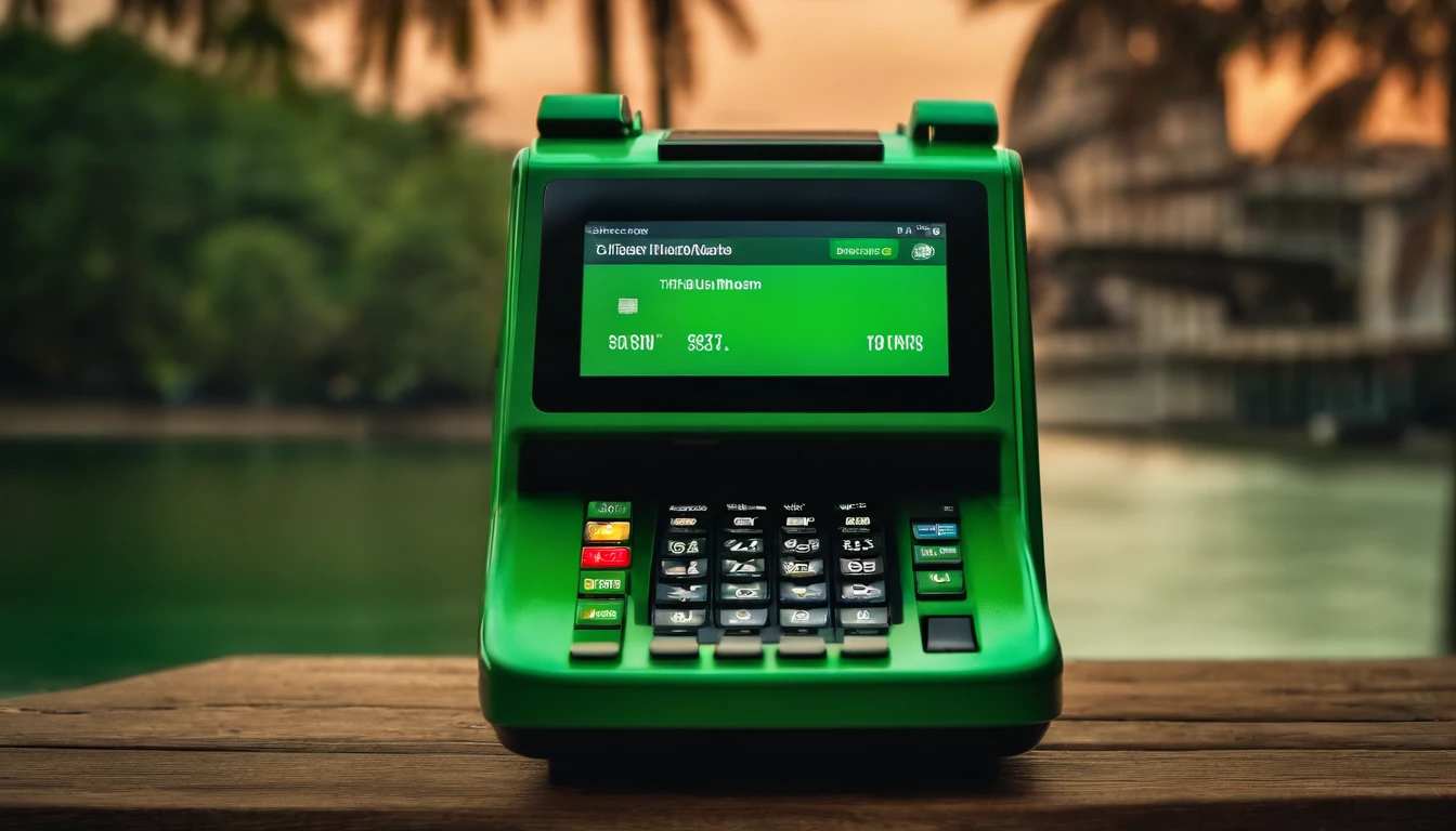 ((Fotografia)) filtro de filme , filtro da imagem estilo Instagram, (Smart credit card machine, touchscreen) green credit card machine , good ilumination; 1.4