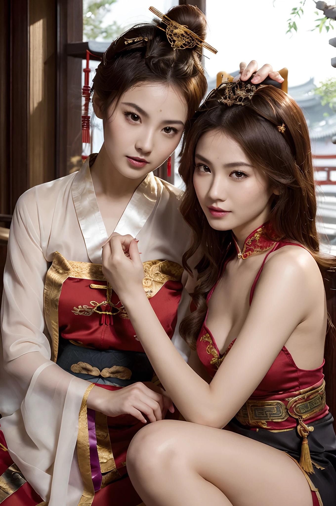 a couple of lesbians sitting together,leering:1.4,Taoist,single hair bun,(An ancient Chinese hairstick on her head:1.5),Use mahogany hairpins,(Revealing a translucent cheongsam),(Urzang-6500-V1.3,PureFace_V1,Octane rendering),Elegant Pose,xxmix girl woman,Perfect composition golden ratio,The proportions are the same for all races, All faces and pictures must be different, use all spectre of your different emotions from happiness to anger, Masterpiece, Best quality, 4K, Sharp focus. better hands, Perfect anatomy.