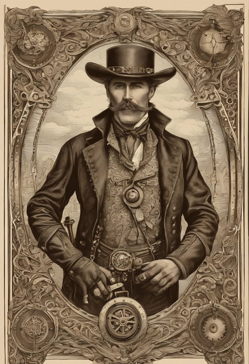homem, cowboy, cicatriz no olho, cara de mal, com charuto na boca, duas pistola, montado em um cavalo branco, com um demonio tentando matar ele.