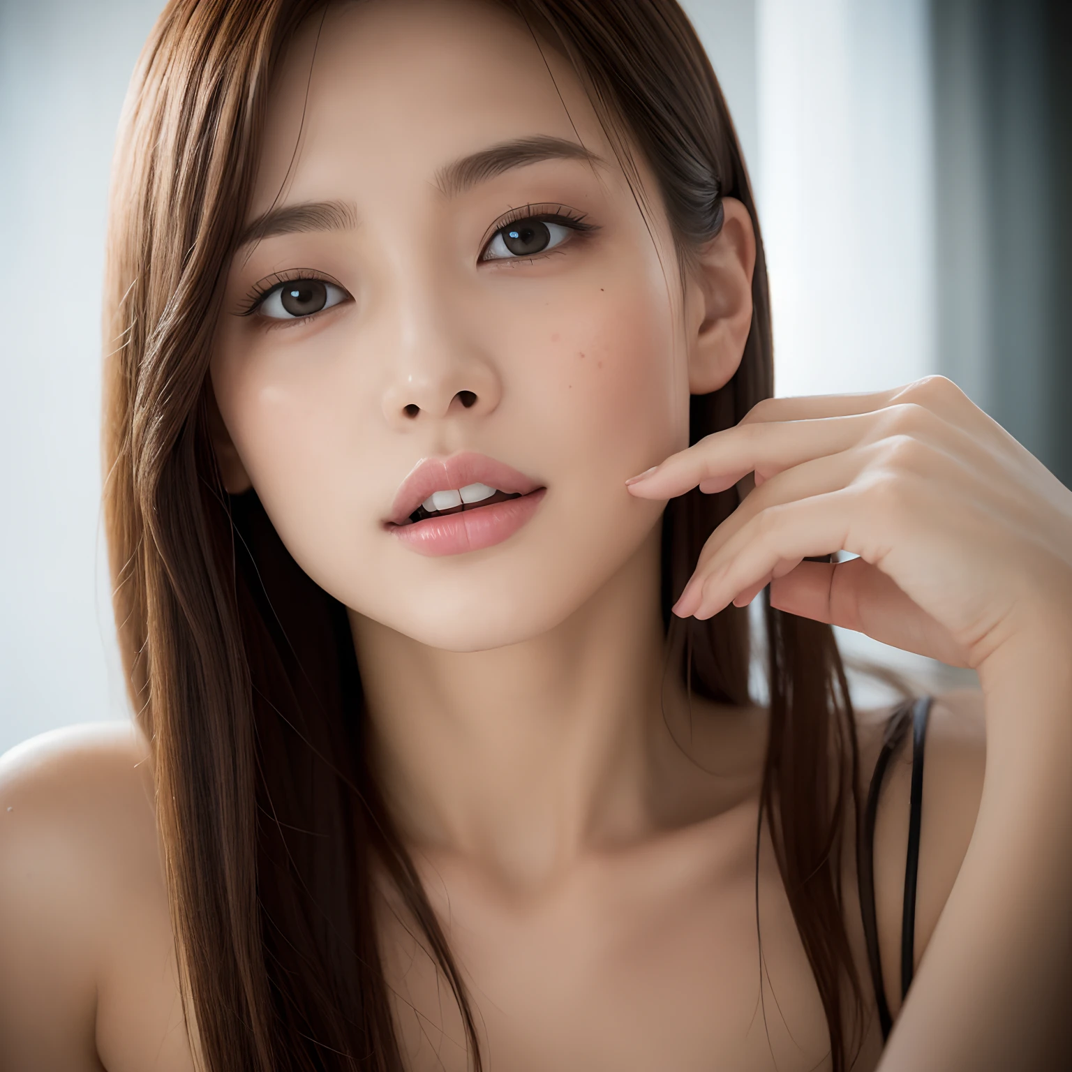 ((top quality, 8k, masterpiece: 1.3)), beauty, 1 girl, beautiful: 1.3, slender abs: 1.1, dark brown hair, (kneeling on the floor, legs open: 1.2), ultra detailed face, highly detailed lips, detailed eyes, double eyelids