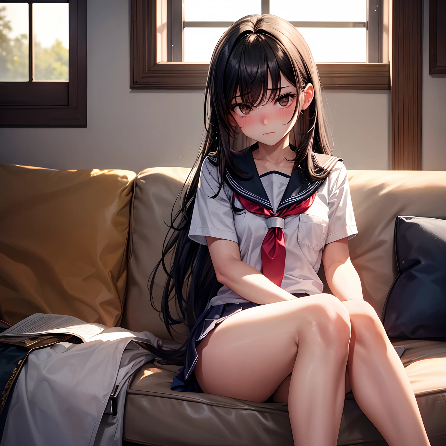 1 boy, realist, (femboy), female school uniform, blushing, inside home, sitting on the couch, firm skin, black hair, Brown eyes, window, living room,
