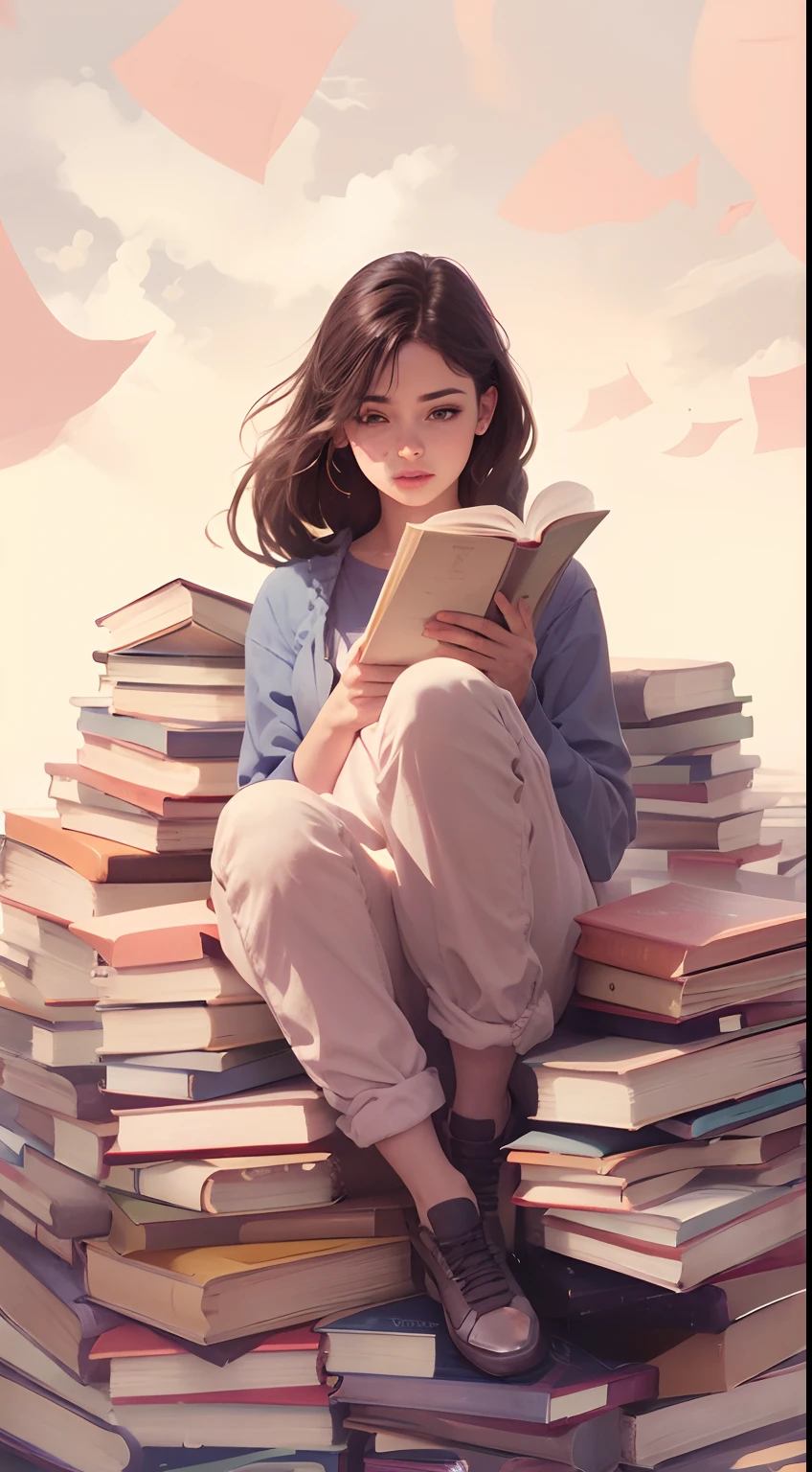 com sentada em cima de livros, cabelo preto longo, garota lendo livro.
