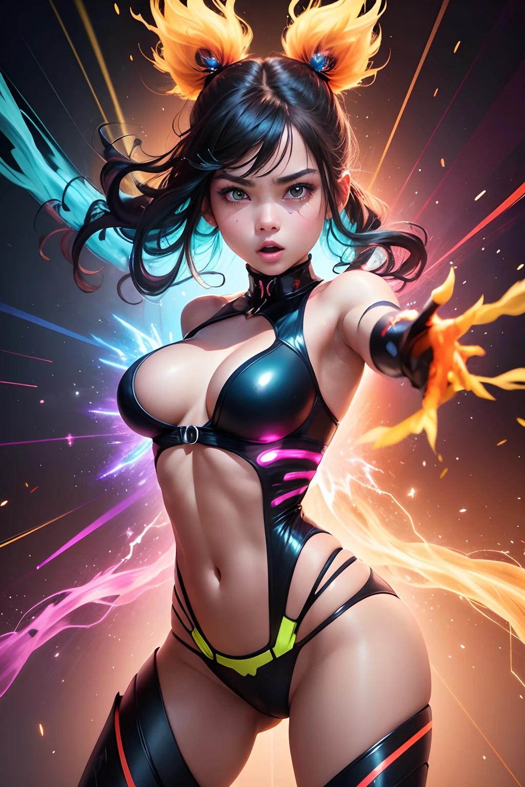 A mesmerizing girl bursts with vibrancy as she strikes an electrifying action pose. Colors explode from her fingertips, enveloping the air around her in a kaleidoscope of hues. Every movement radiates energy, captivating all who witness her enchanting display.