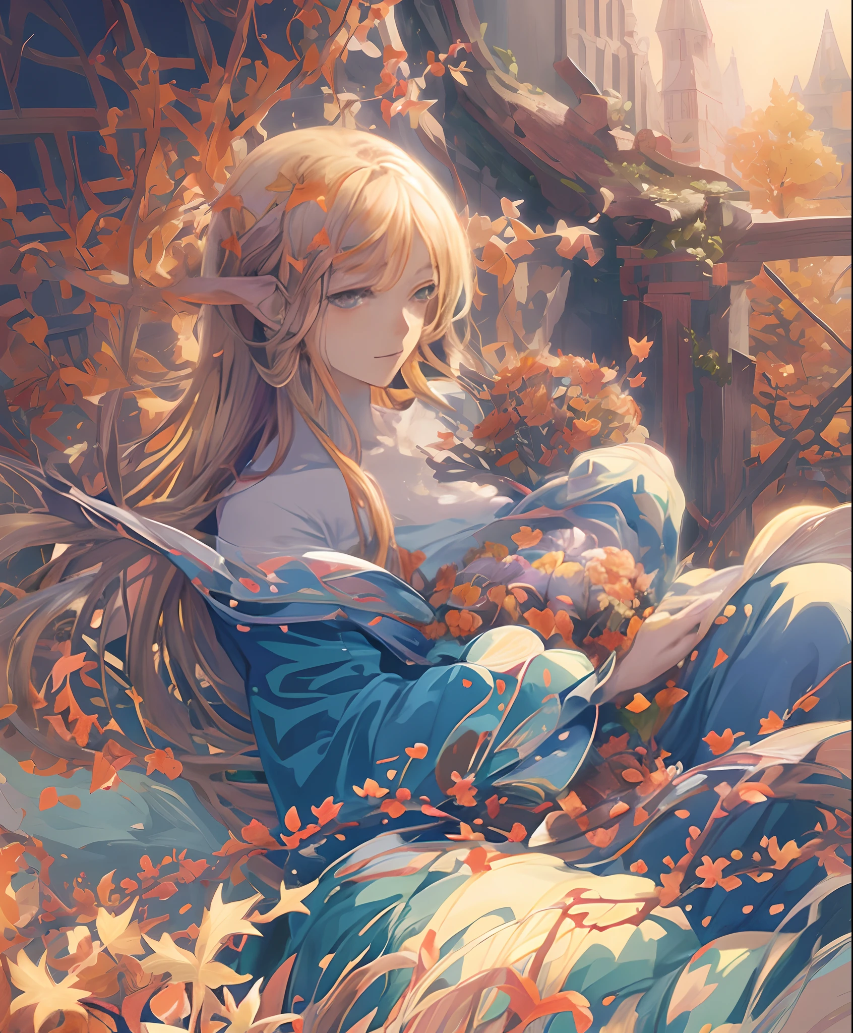 (High quality, 8K), garden, wood bench, Brown dress with woman with flowers in hair, beautiful anime artwork, Beautiful anime, Beautiful Anime Portrait, beautiful anime art, guweiz, Beautiful anime girl, clean detailed anime art, soft anime illustration, anime art wallpaper 4k, anime art wallpaper 4k, Detailed Digital Anime Art, beautiful anime art style, beautiful anime style, detailed anime art,A detailed face,A detailed eye,(Soft light),Smile, (Autumn), (leaves falling),Detailed face, Detailed eyes