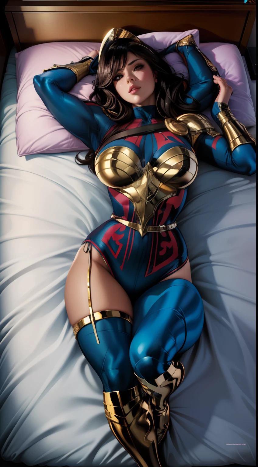 ( Masterpiece, 4k resolution, ultra-realistic, very detailed) beautiful sexy Yara flor (DC comics) portrait photography by artgerm, in the style of realism, glistening skin, , natural lighting, Defined full lips. Muscular fitness feminine body full body (Dakimakura) (on bed)