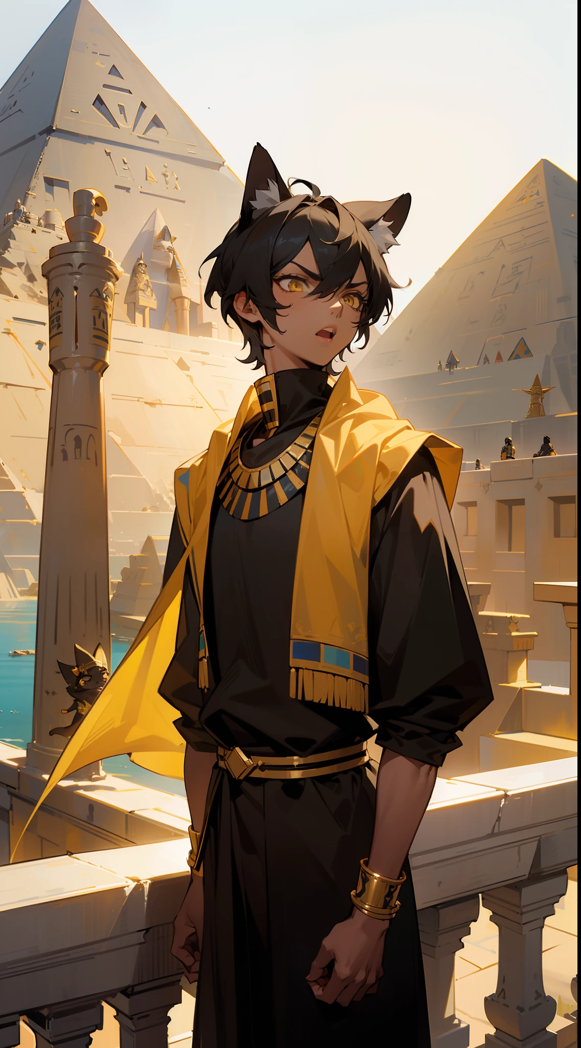 (Original Character,8k, Masterpiece, Best Quality,Detailed, Beautiful Detailed Eyes, solo),1boy ,20s,serious face,tall,mature male,open mouth,egypt black and yellow outfit,black hair,short hair,yellow eyes,Cat ears,((standing on a balcony in an Egyptian castle,pyramids,lakes)),(colored skin,Extremy black skin,vanta black skin color),cowboy shot
