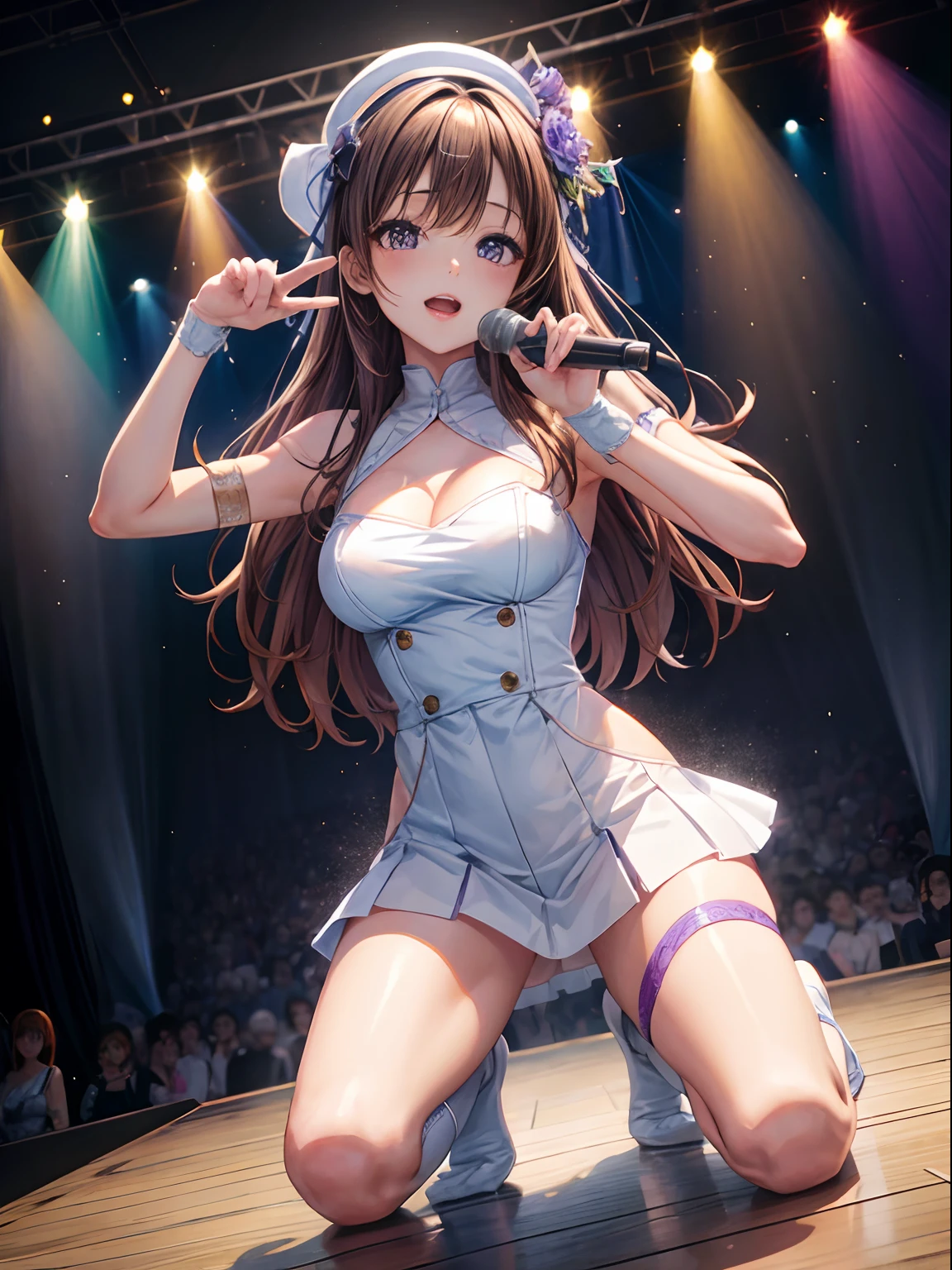 top-quality、Full limbs、complete fingers、Slender beauty、straight haired、Brown hair、Deleste、Blue, White and purple idol costume、high socks、Beautiful Large Breasts、Live Stage、Singing、Kneeling