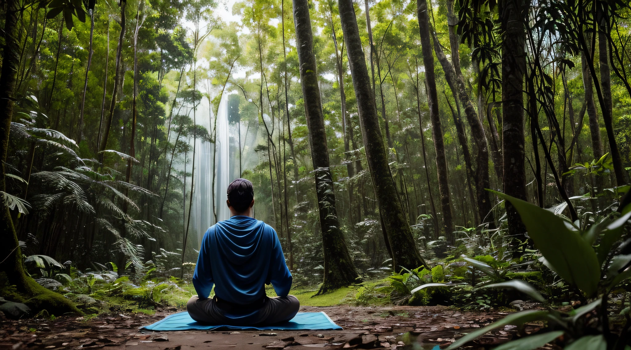 um homem meditando, he's a powerful Star Wars Jedi, is meditating in the middle of a forest in the Amazon, pouco antes de partir para batalha em uma galaxia muito distante, a sombra de um imperial destroyer que esta a cima da floresta, detalhado, perfeita e convidativa imagem