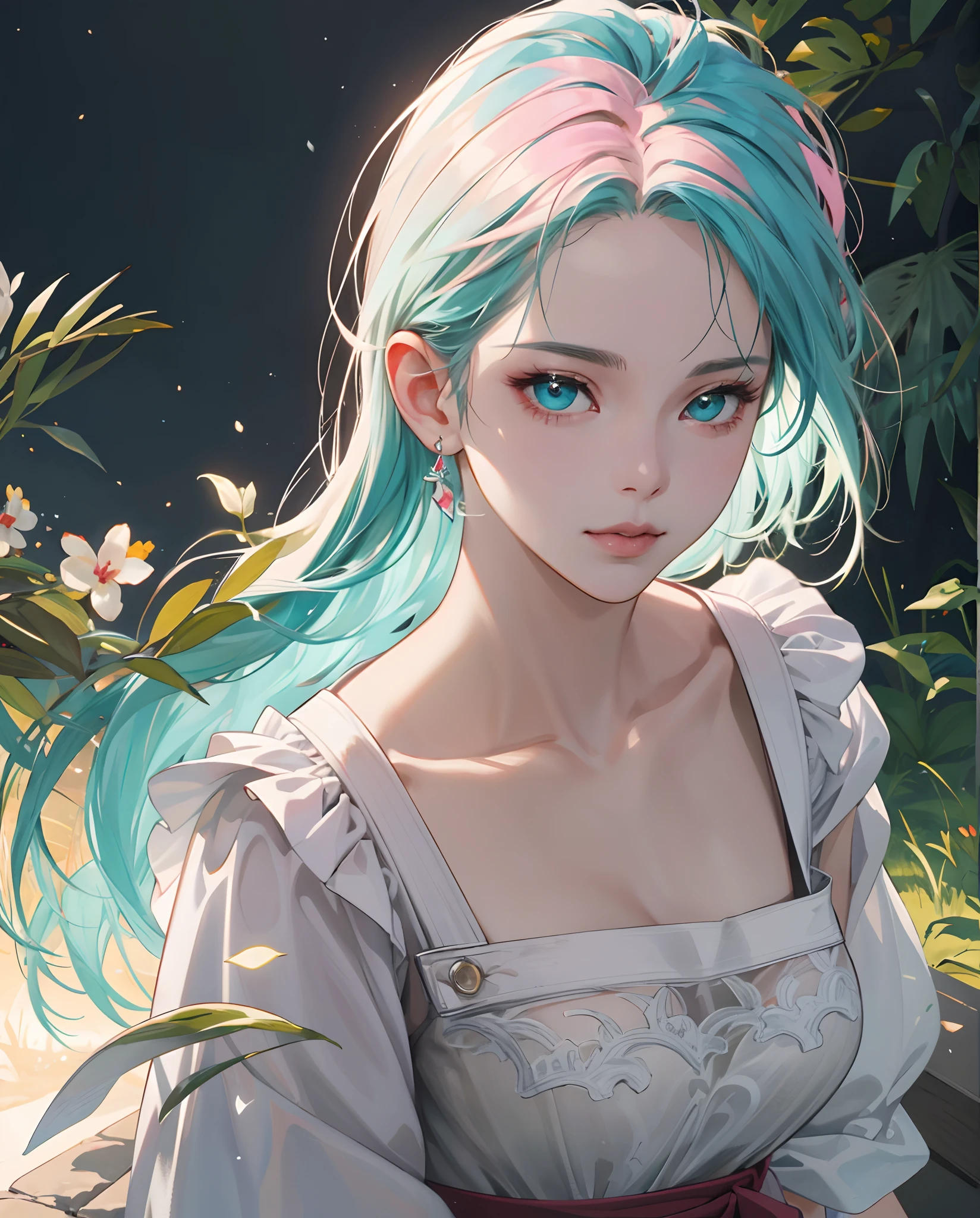 (VI-000020:1.2), (The ultra-realistice:1.3), (Masterpiece:1.4), Best quality, ((Realistic)), High quality, Ultra detailed, ((realistic anime face)), ((Realistic skin)), ((Realistic body)), ((Sexy pose)) (Best quality:1.1), (illustration:1.05), (1girll:1.05), (Cute:1.05), (Beautiful detailed eyes:1.05), (Cinematic light:1.1), Light blue highlights, Pink hair all over, 1girll, Cute portrait of a tyrant, aqua hair, Bright eyes, White dress, Temple, See the scenery of the spectator forest Warcraft