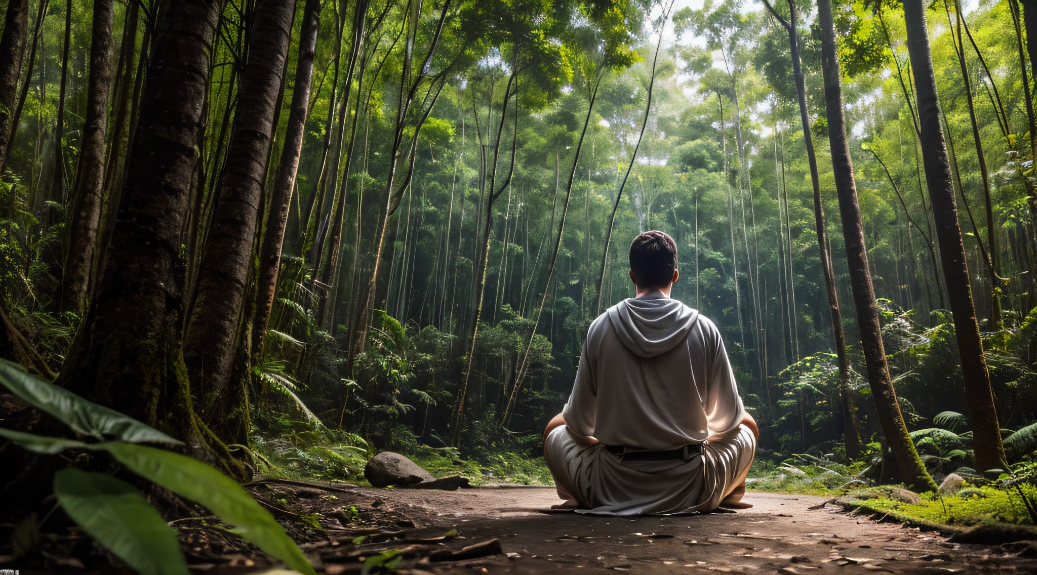 um homem meditando, he's a powerful Star Wars Jedi, is meditating in the middle of a forest in the Amazon, pouco antes de partir para batalha em uma galaxia muito distante, a sombra de um imperial destroyer que esta a cima da floresta, detalhado, perfeita e convidativa imagem