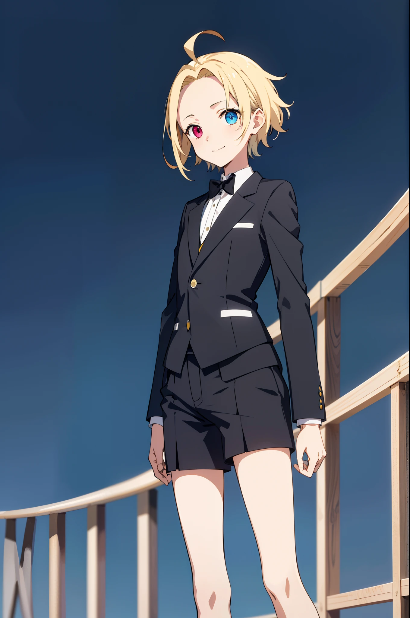 art by asanagi, (best-quality:0.8), (best-quality:0.8), high resolution, solo, face focus, masterpiece, half body shot ,1girl, anime style, smile, tall girl, simple background, one color background, (short hair, Blonde hair, forehead, ruffled hair, ahoge, messed hair), tomboy, black tuxedo suit, black shorts, blue and yellow theme, flat chest, ((heterochromia))