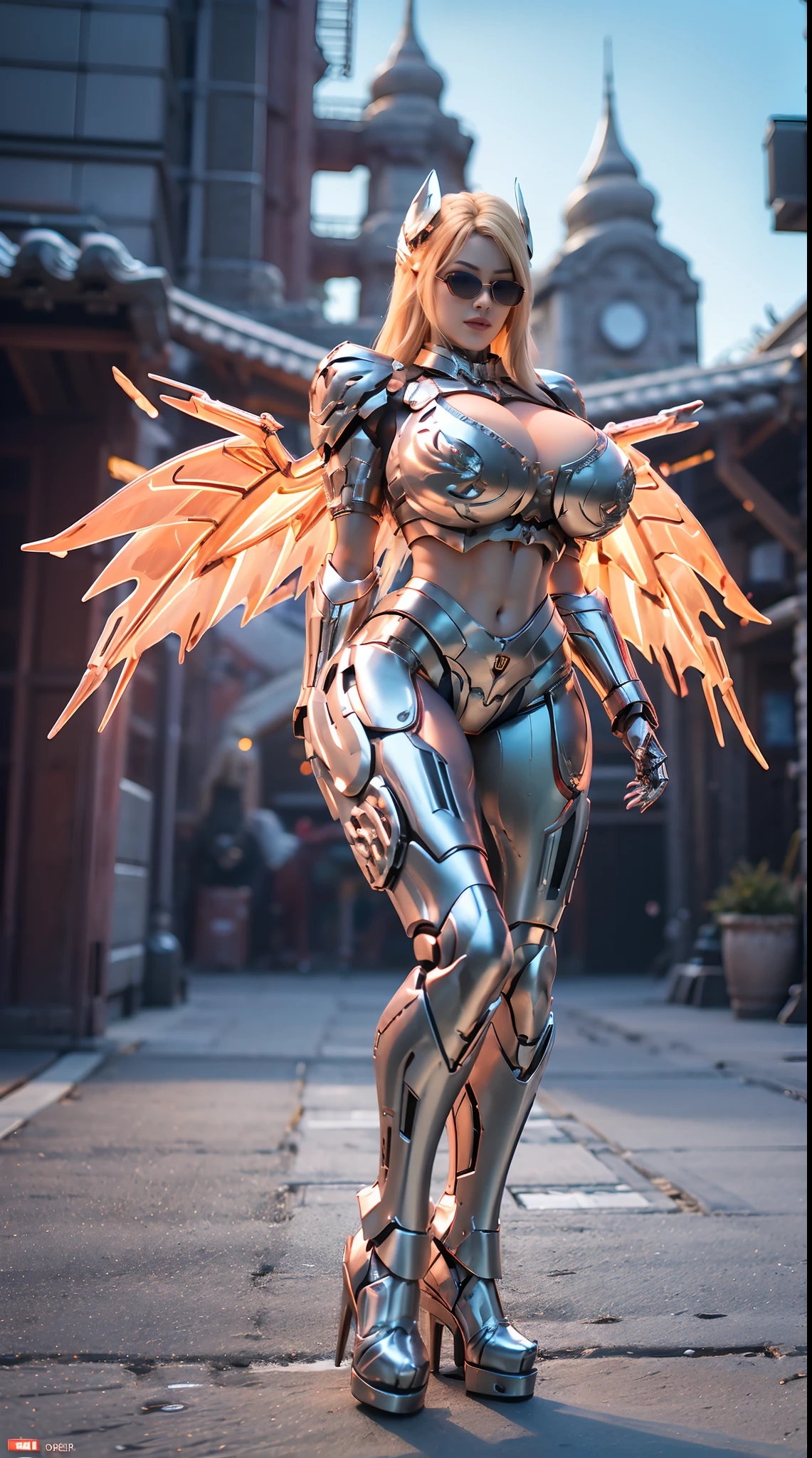 (Nsfw:1), (DRAGON HEAD), HUGE FAKE BOOBS, (BEAUTIFUL FACE), (BLONDE HAIR), (RED:1.2, WHITE:0.8, RGB:1), (TACTICAL GLASSES:1.3), (CROP TOP MECHA ARMORED GEAR), (((A PAIR OF HUGE MECHANICAL WINGS SPREAD OUT))), FUTURISTIC DRAGON MECHA SUIT, (CLEAVAGE), (SKINTIGHT YOGA PANTS), (PERFECT BODY:1.2), (FULL BODY VIEW), FRONT, (STANDING:1), (MECHANICAL HIGH HEELS), MUSCLE ABS, UHD, 8K, 1080P.