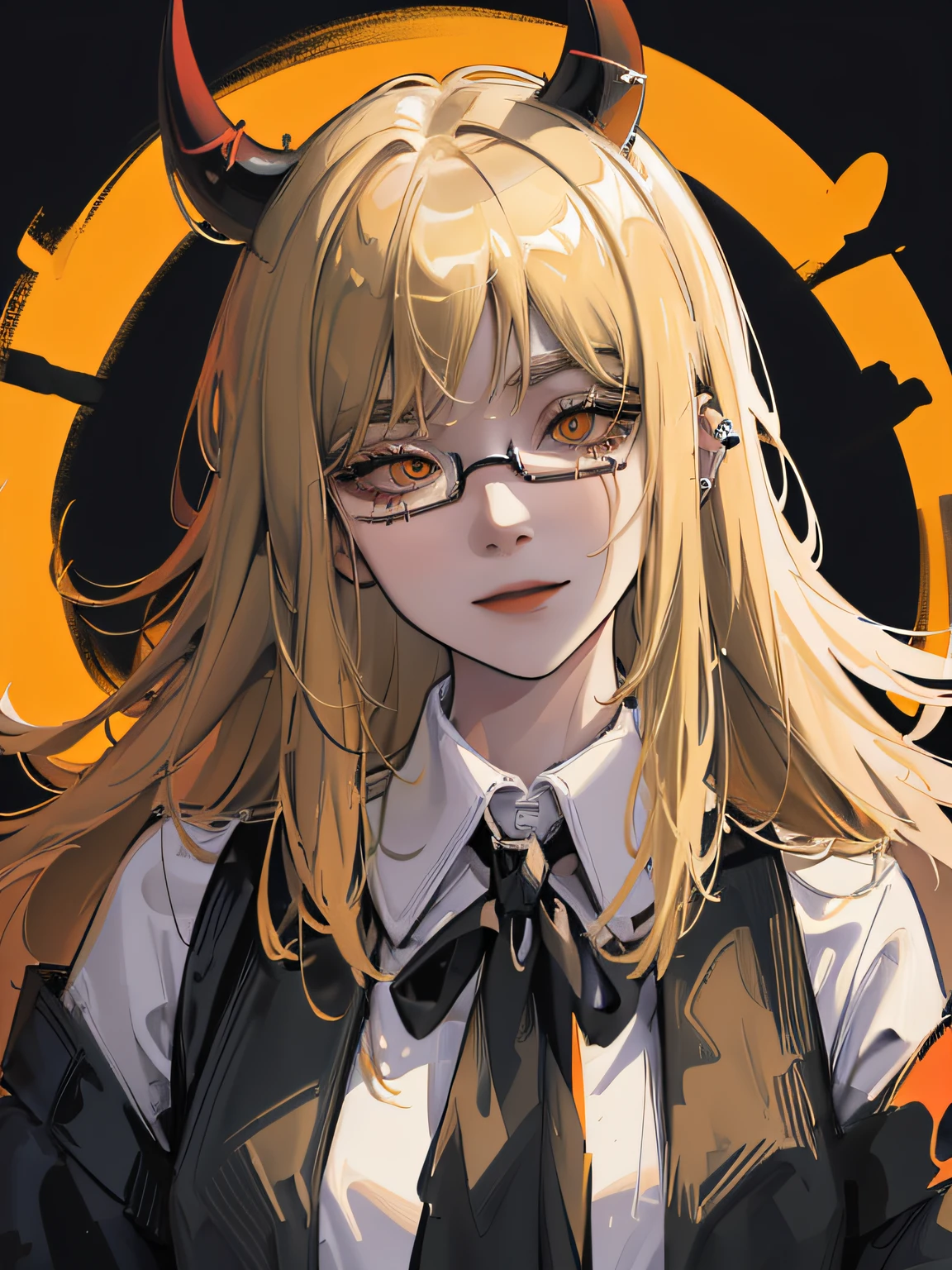 long blond hair, young white female, round ear piercings, two devil horns, wearing black cardigan, evil smile, big yellow eyes, 4k, HD, black background, wearing square glasses