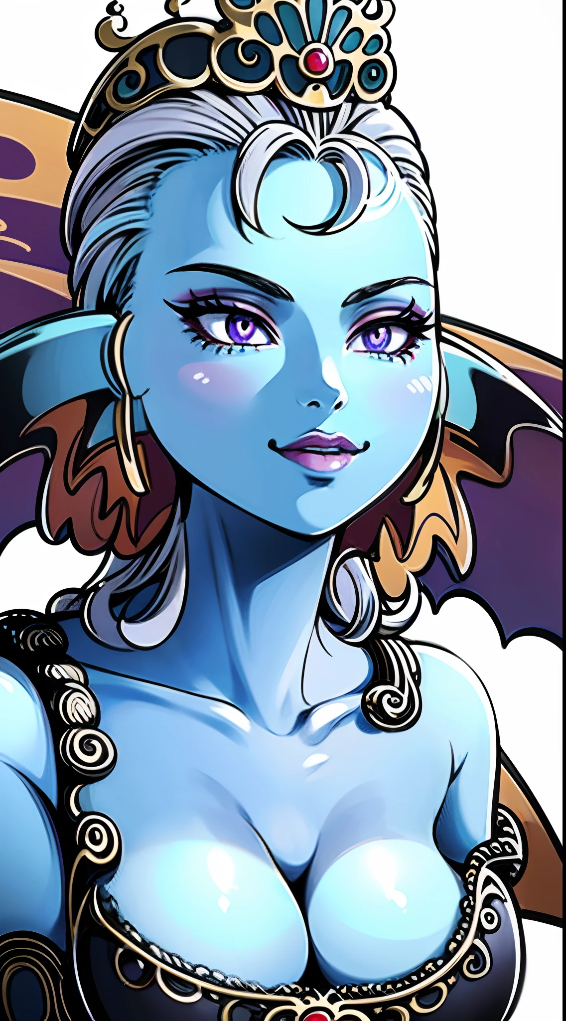 8K,High quality,Animated,married,Beautiful,Bright,Eye Highlights,Purple eyes,Sexy,ultra gigantic tits,oversized tits,Dark blue ,Erotic,beautiful line art. Blue skin, Blue and orange gradient fins, , Nothing on, Nothing on, ,Anime Drawing、Clearly drawn design、Blue skin、
