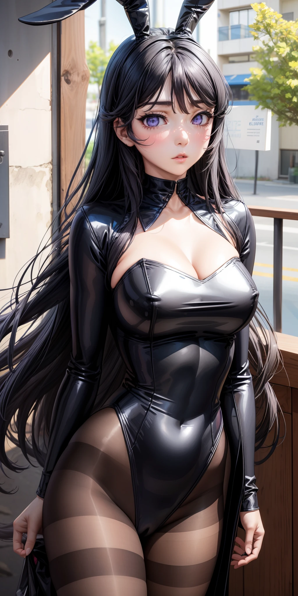 realistic, 1girl, long black hair, blue purplish eyes, bunny suit , pantyhose, blush,