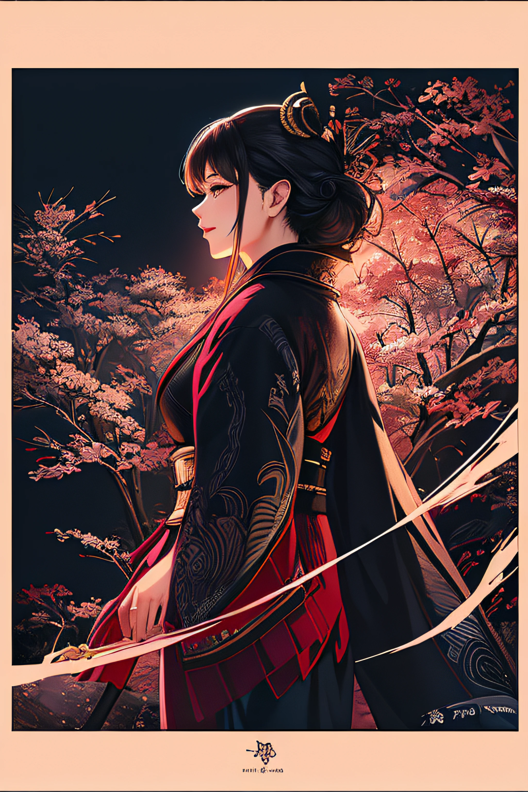 (masterpiece、top-quality、top-quality、watercolor paiting(Curly)、Official art、Beautifully Aesthetic:1.2)、(1girl in:1.3)、(Fractal Art:1.3)、(Kimono)、The upper part of the body、From Side、looking at the viewers、patterns、Flowers and Birds Fugetsu、Yuki、Thousand Cranes、clouds、lantern、starrysky、stele、(Masterpiece, Best Quality), 8k Wallpaper, highly detailed, sexy female ronin, samurai, cherry blossom flowers border, japanese tattoos, katana, japan, night, moonlight, vector style art, erotic, movie poster style, lettering.