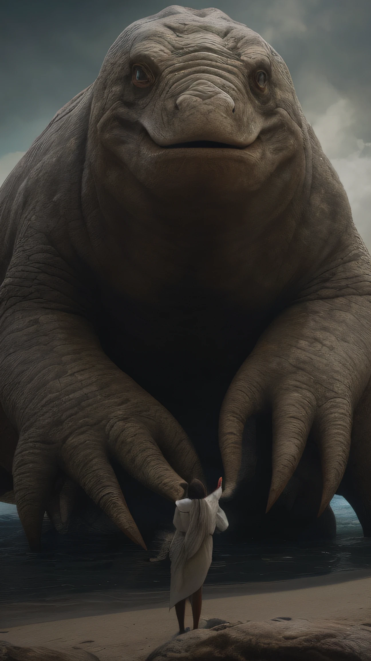 Araffe standing on a beach next to a person in a white dress, criatura enorme, Elon Musk como Jabba the Hutt, ainda de um filme de fantasia, criatura gigantesca, Jabba o Hutt, Yuri Shwedoff e Tom Bagshaw, 3D render e pintura fosca, Filme ainda de Duna 2020, weta disney filme ainda foto