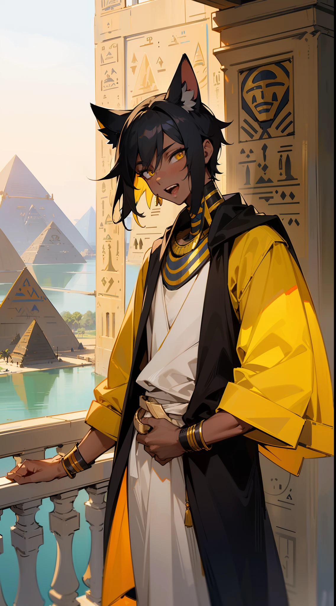 (Original Character,8k, Masterpiece, Best Quality,Detailed, Beautiful Detailed Eyes, solo),1boy ,20s,happy face,tall,mature male,open mouth,egypt black and yellow outfit,black hair,short hair,yellow eyes,Cat ears,((standing on a balcony in an Egyptian castle,pyramids,lakes)),(colored skin,Extremy black skin,vanta black skin color),cowboy shot