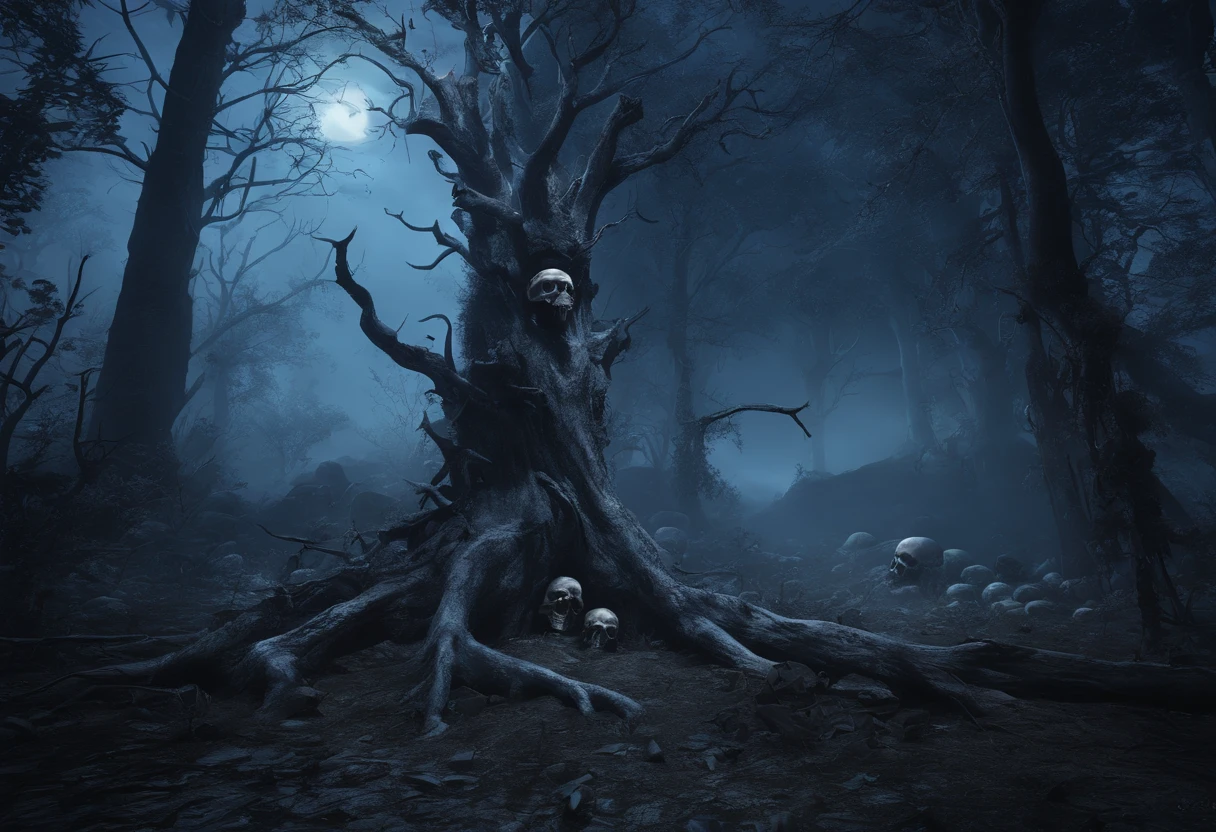 Best dark forest landscape at night with mist and dry trees, skulls, deathia, nigth, darkly, shadowing, ultra-realistic realism, blue tint, Dark night forest in blue tones, best qualityer, Ultra photo realsisim, High definition, Extreme attention to detail, high saturated, hight contrast, tmasterpiece, terroral, nocturne, darkly,burial site.